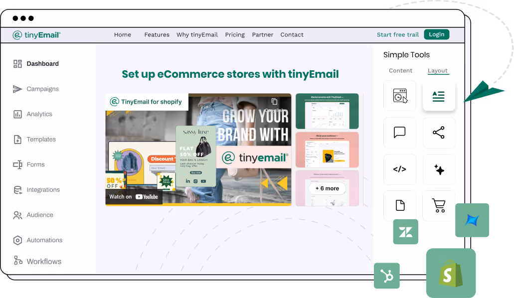 Dashboard interface for tinyEmail eCommerce setup showing menu options and a video preview for Shopify integration.