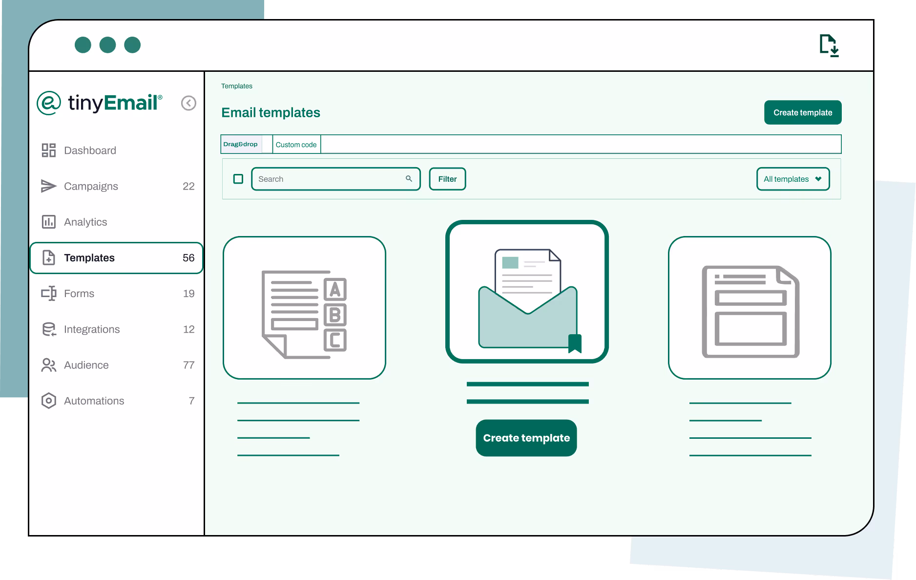 Email templates section of TinyEmail dashboard showing three template options with icons and a create template button.