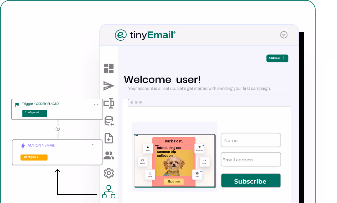 Email marketing dashboard showing workflow with triggered order placed and email actions, and a welcome screen with a subscription form and promotional pet image.
