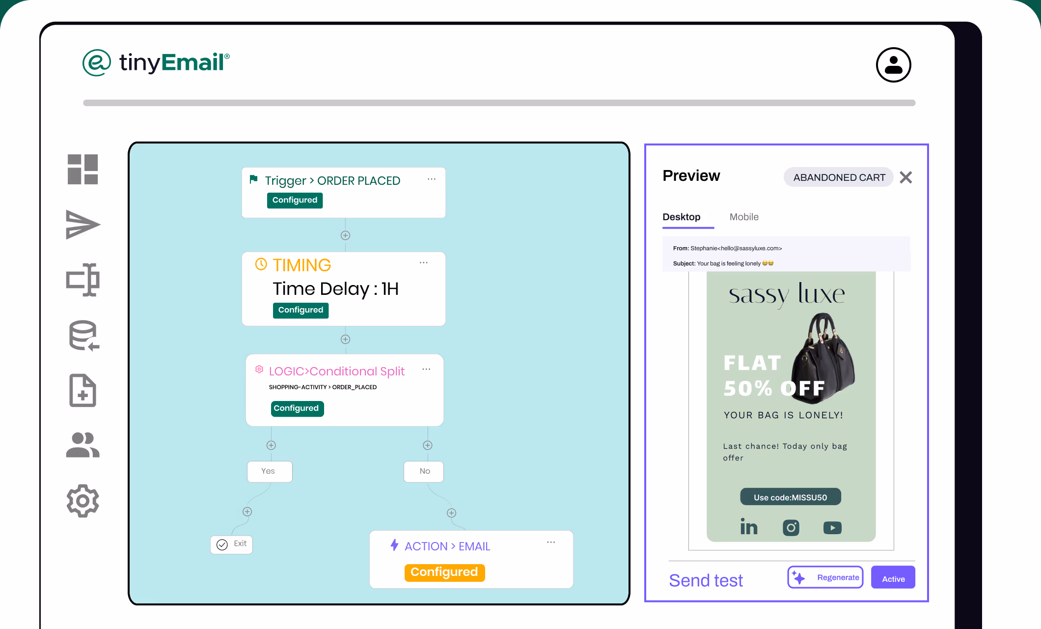 Email marketing workflow for abandoned cart with triggers, timing delay, conditional split, and email action; preview shows 50% off bag offer from sassy luxe.