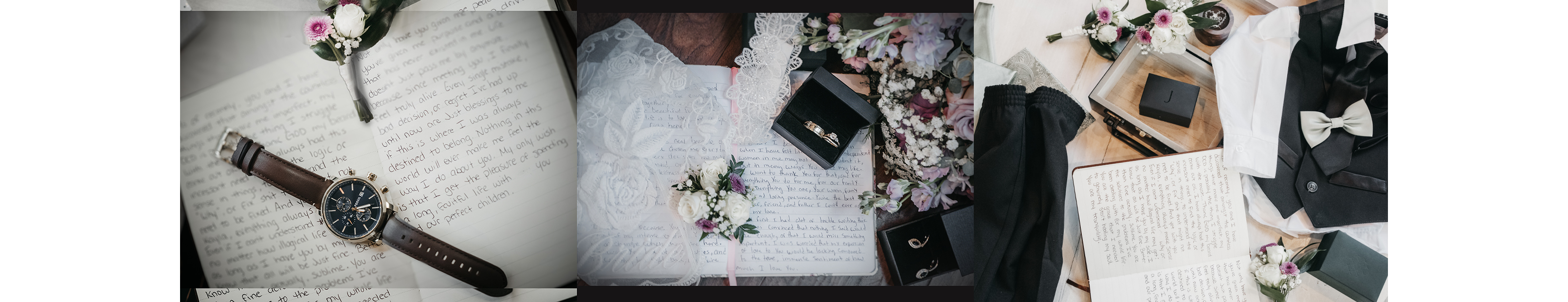 A collection of the bride and groom's personal items for their wedding, like their vows, bouttoniere, rings, laces, garters and tux, watch and more. ,