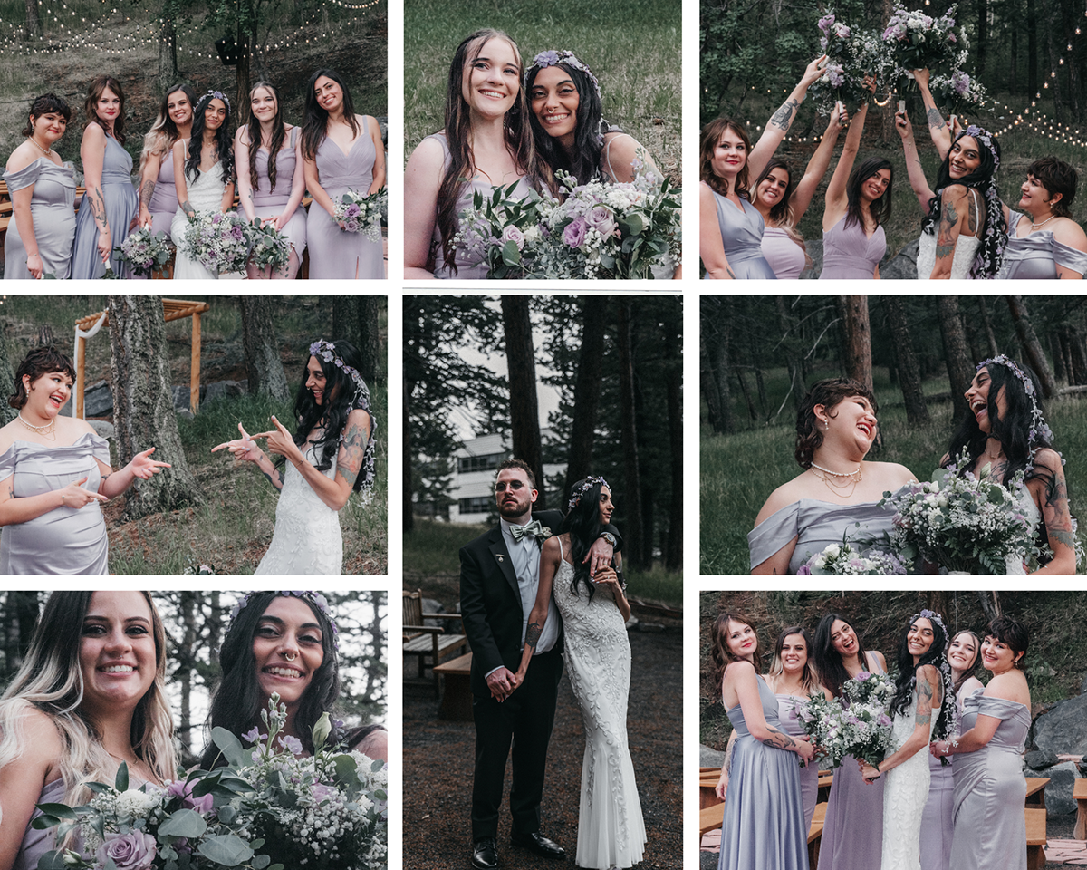 a collection of several images of the bridal party enjoying eachother in their lavender dresses with the Bride and the backdrop of the Pines and mountains of Colorado.  Center is of the Bride and Groom in an edititorial pose looking quite fashionable in their slender angled pose looking in opposite directions. 