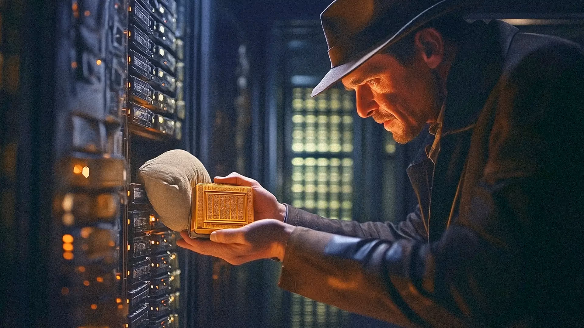 An adventurer holding a glowing golden artifact in a server room.
