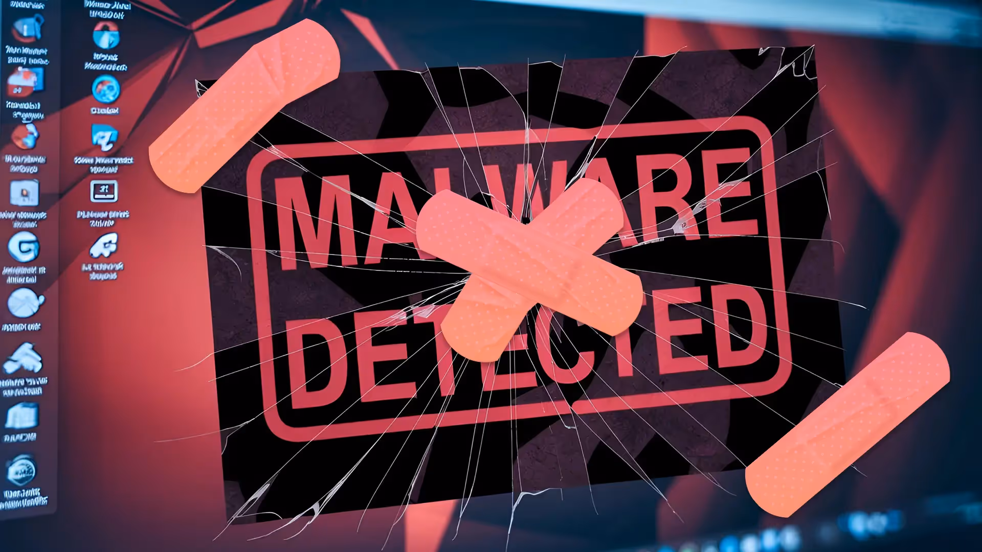 Cracked screen displaying a 'Malware Detected' warning, covered with band-aids.