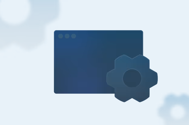 An abstract design featuring a dark rectangular window accompanied by a gear icon on a bright blue background, with soft glowing gear shapes in the surrounding area.