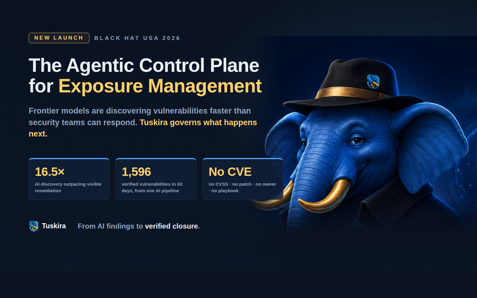 Tuskira's blue elephant mascot beside the Agentic Control Plane for Exposure Management launch headline, with stats on AI-driven vulnerability discovery outpacing remediation