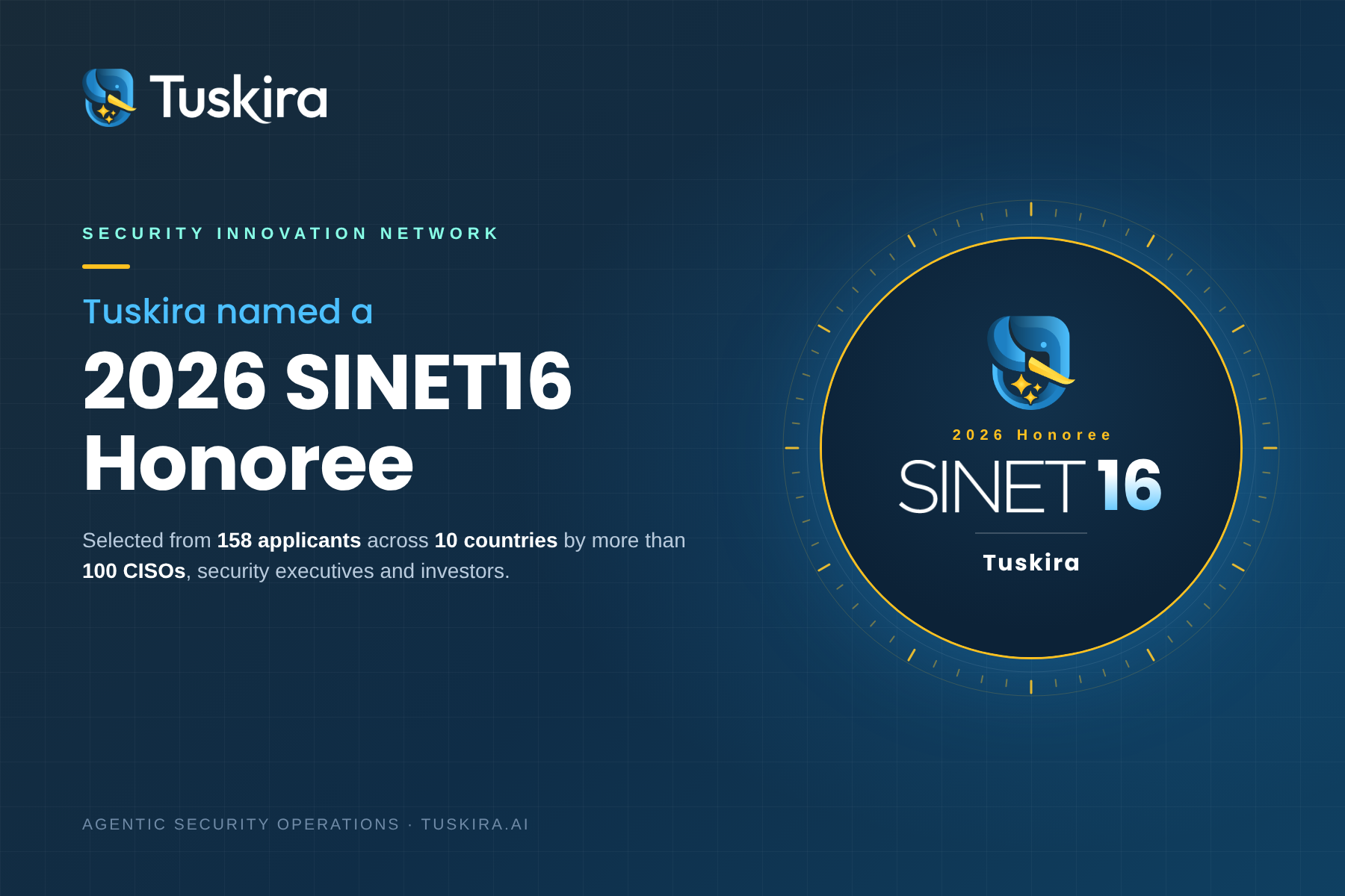 Tuskira named a 2026 SINET16 Honoree: badge with the Tuskira mark and SINET16 wordmark, selected from 158 applicants across 10 countries by more than 100 CISOs, security executives and investors.