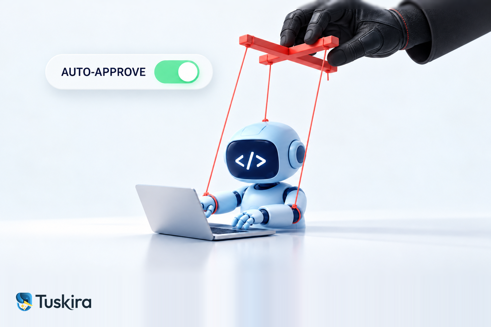 A coding agent at a laptop controlled like a puppet by a gloved hand, with an auto-approve toggle switched on