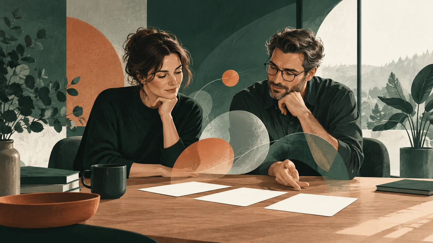 To HR-kolleger undersøger kort og abstrakte former som symbol på indsigt i onboarding.