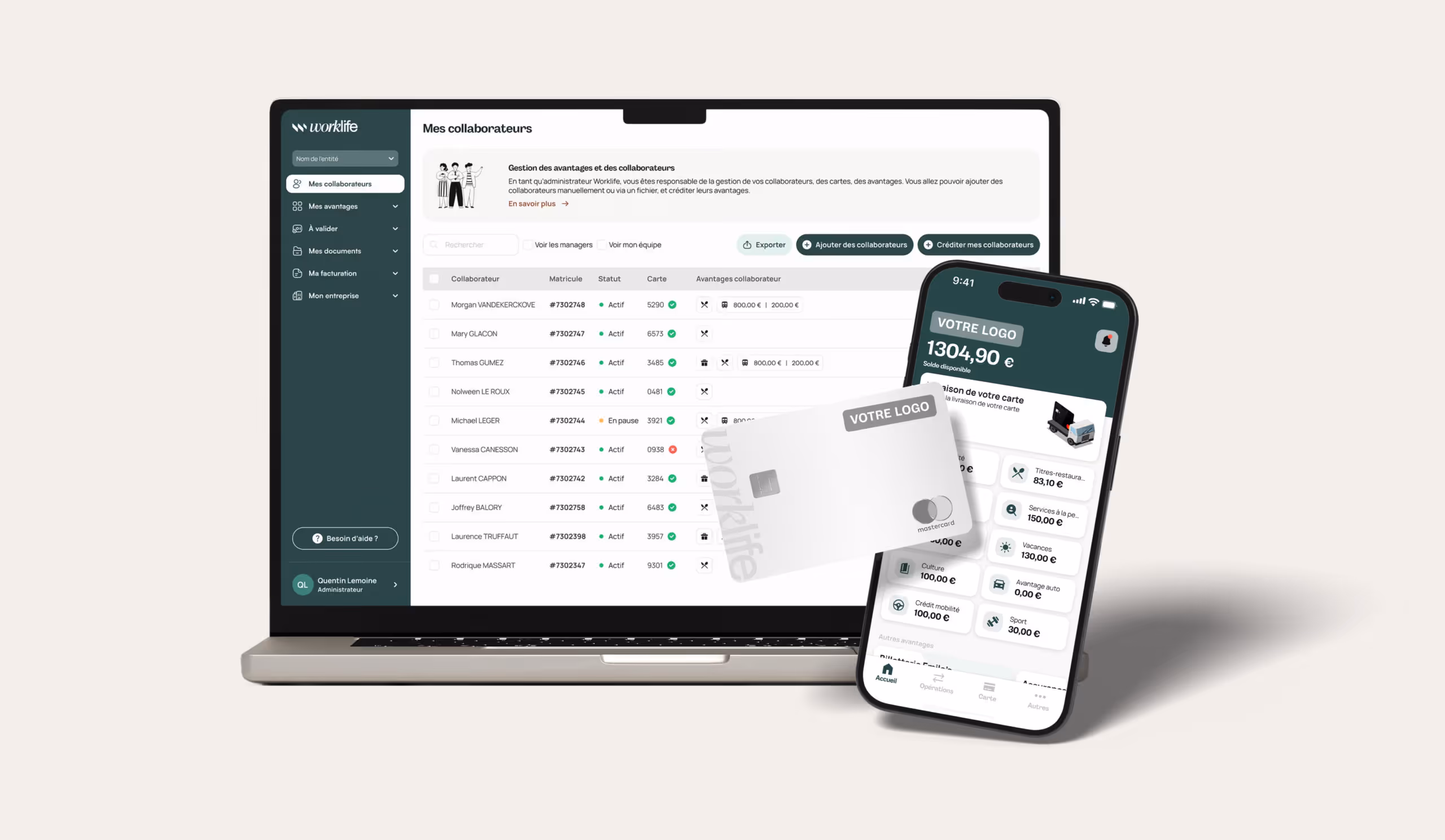 Interface application Worklife montrant les avantages salariés et la carte de paiement pour titres-restaurant et mobilité durable