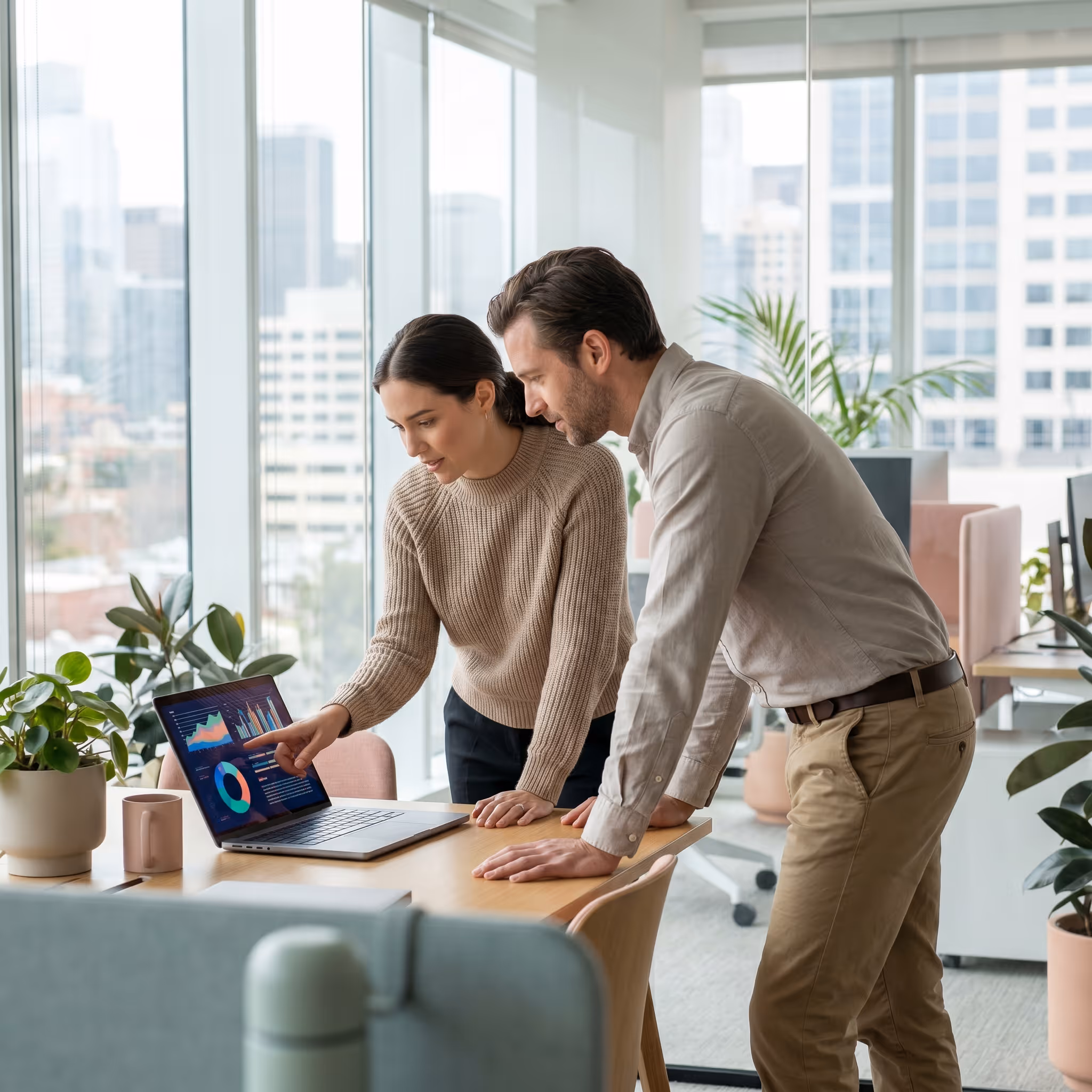 Responsable RH présentant un tableau de bord à un manager dans un bureau vitré moderne