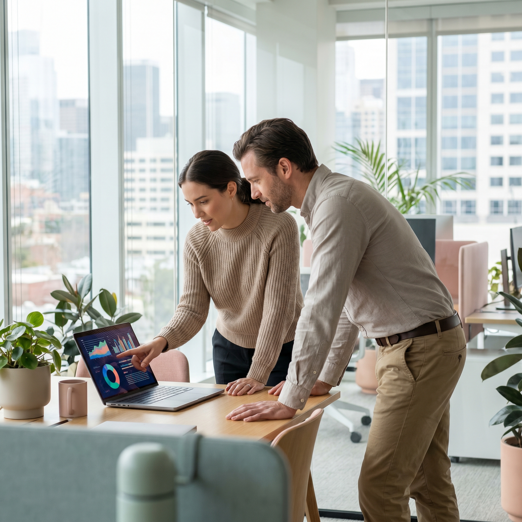 Responsable RH présentant un tableau de bord à un manager dans un bureau vitré moderne