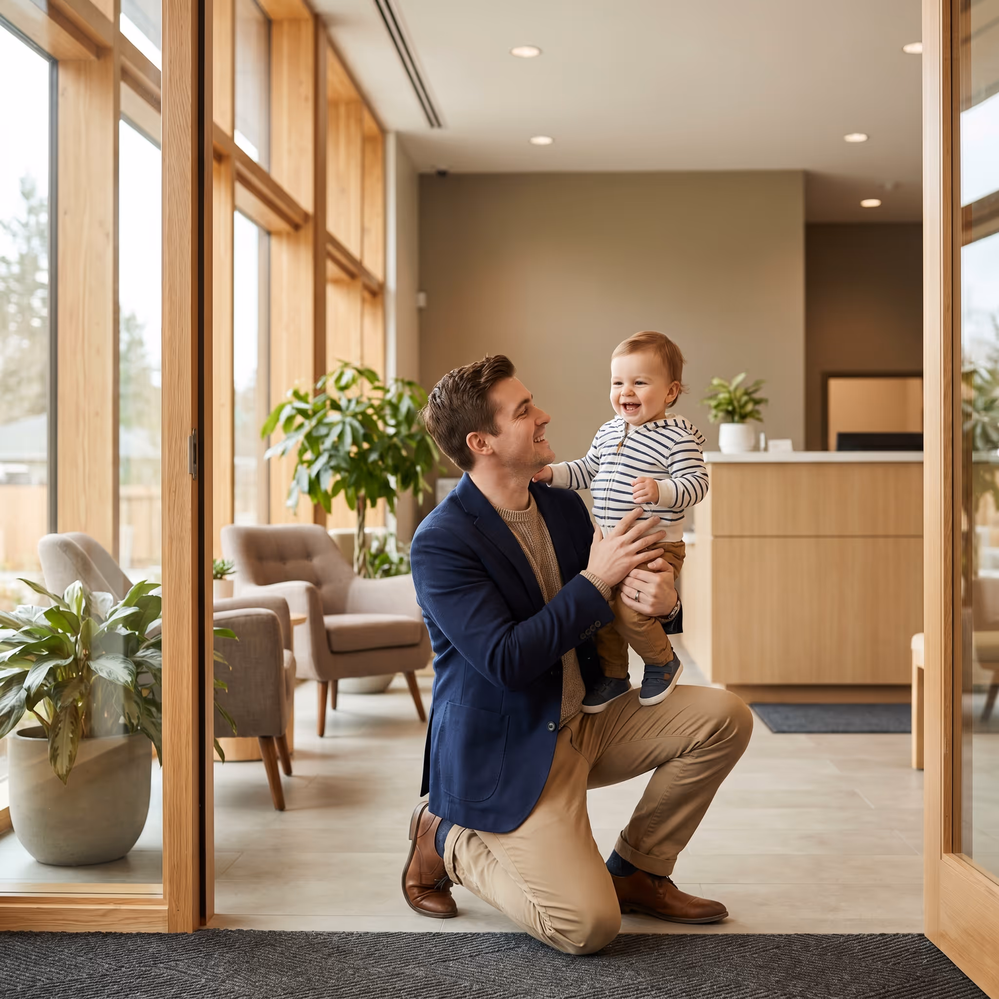 Parent récupérant son enfant à la crèche d'entreprise, équilibre vie pro-perso