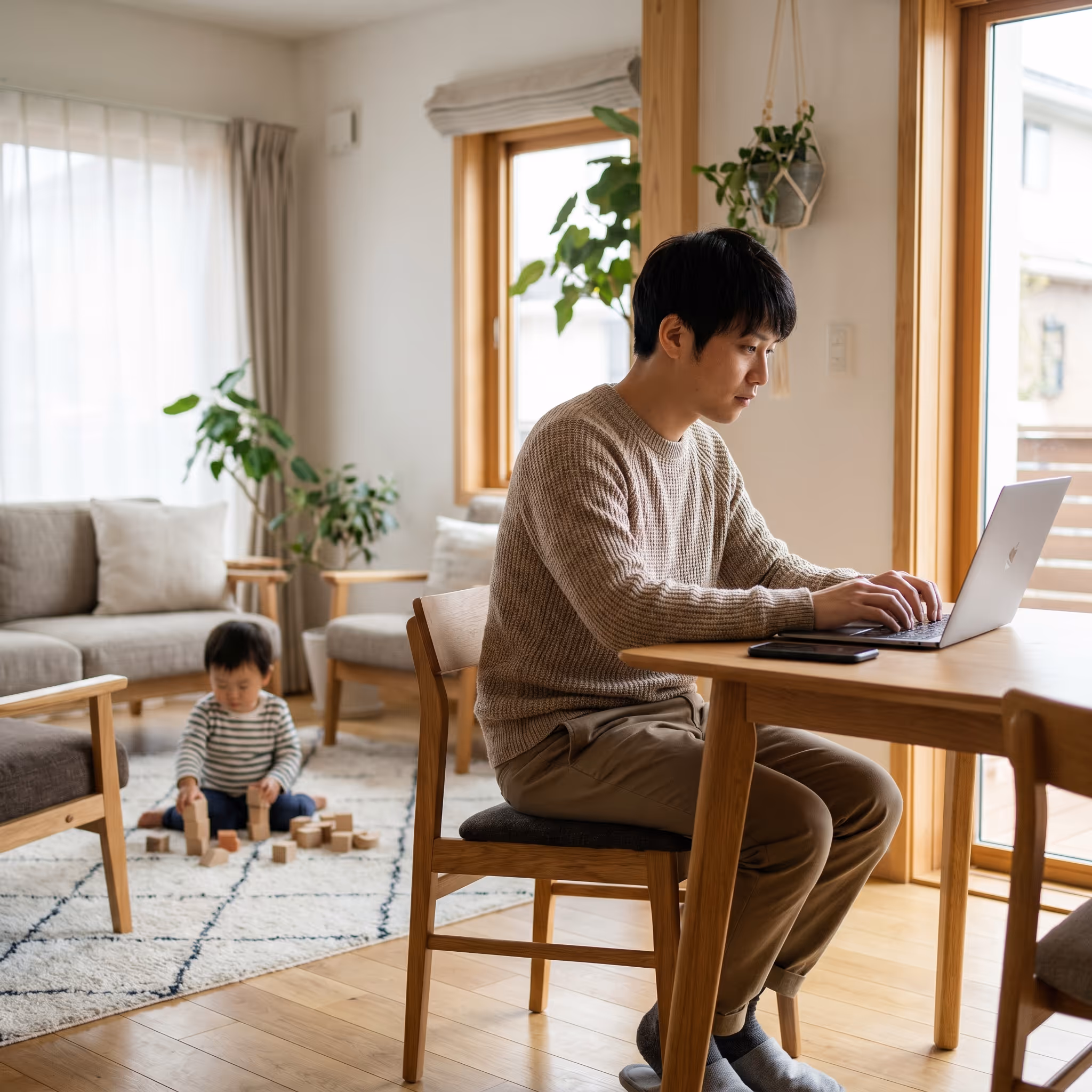 Parent en télétravail avec enfant jouant en arrière-plan dans un salon lumineux