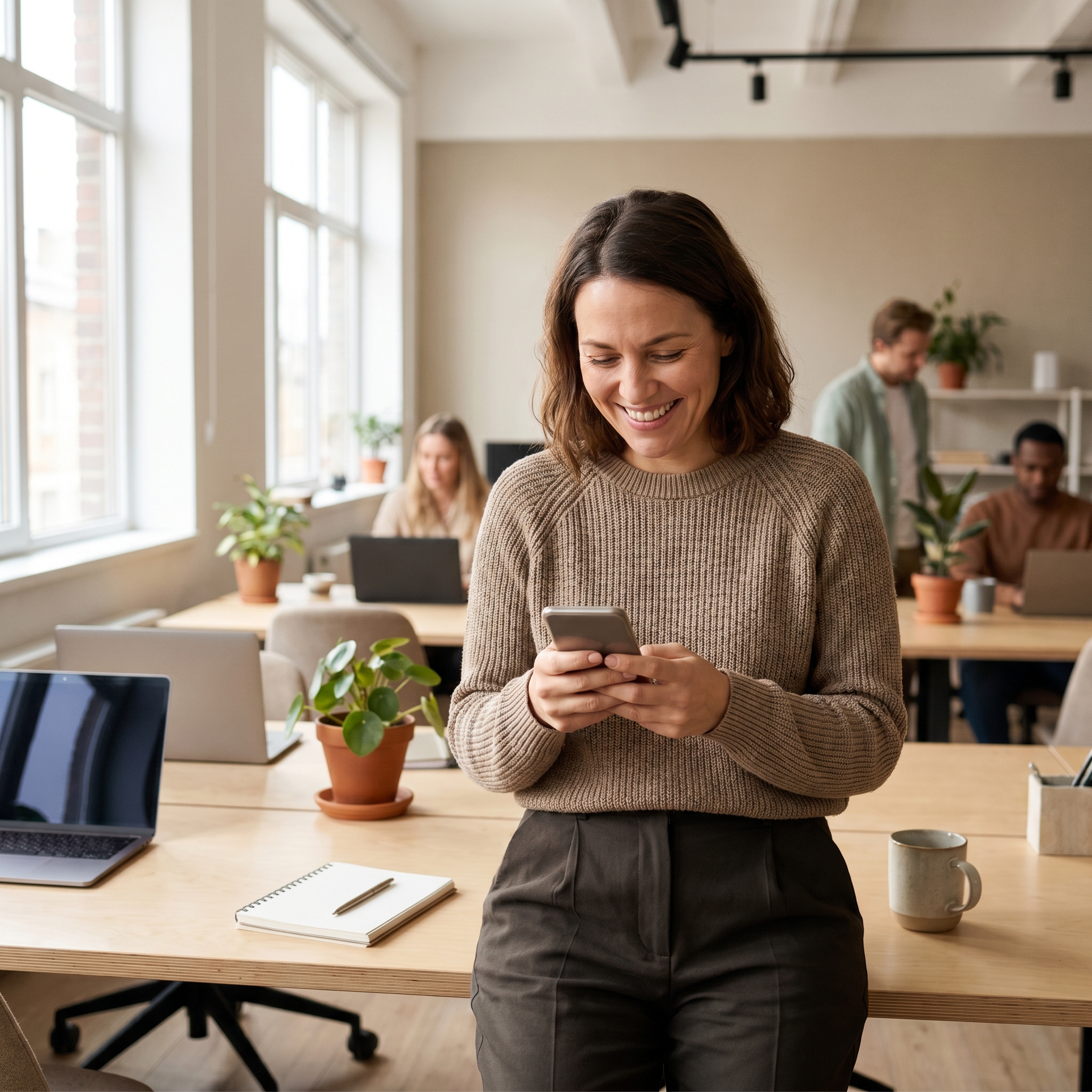 Collaboratrice consultant ses avantages salariés sur smartphone en open space moderne