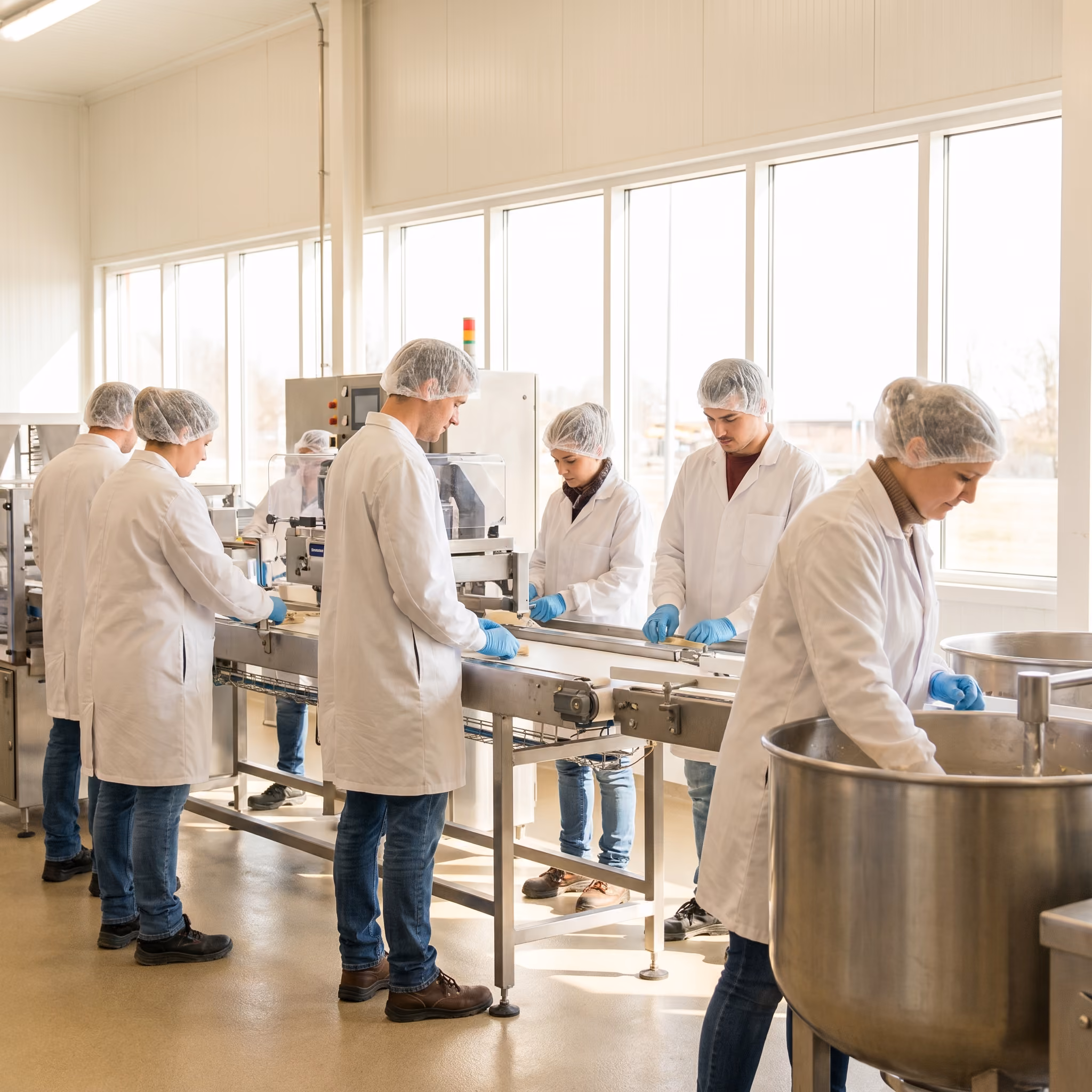 Ouvriers en blouse blanche sur ligne de production alimentaire lumineuse