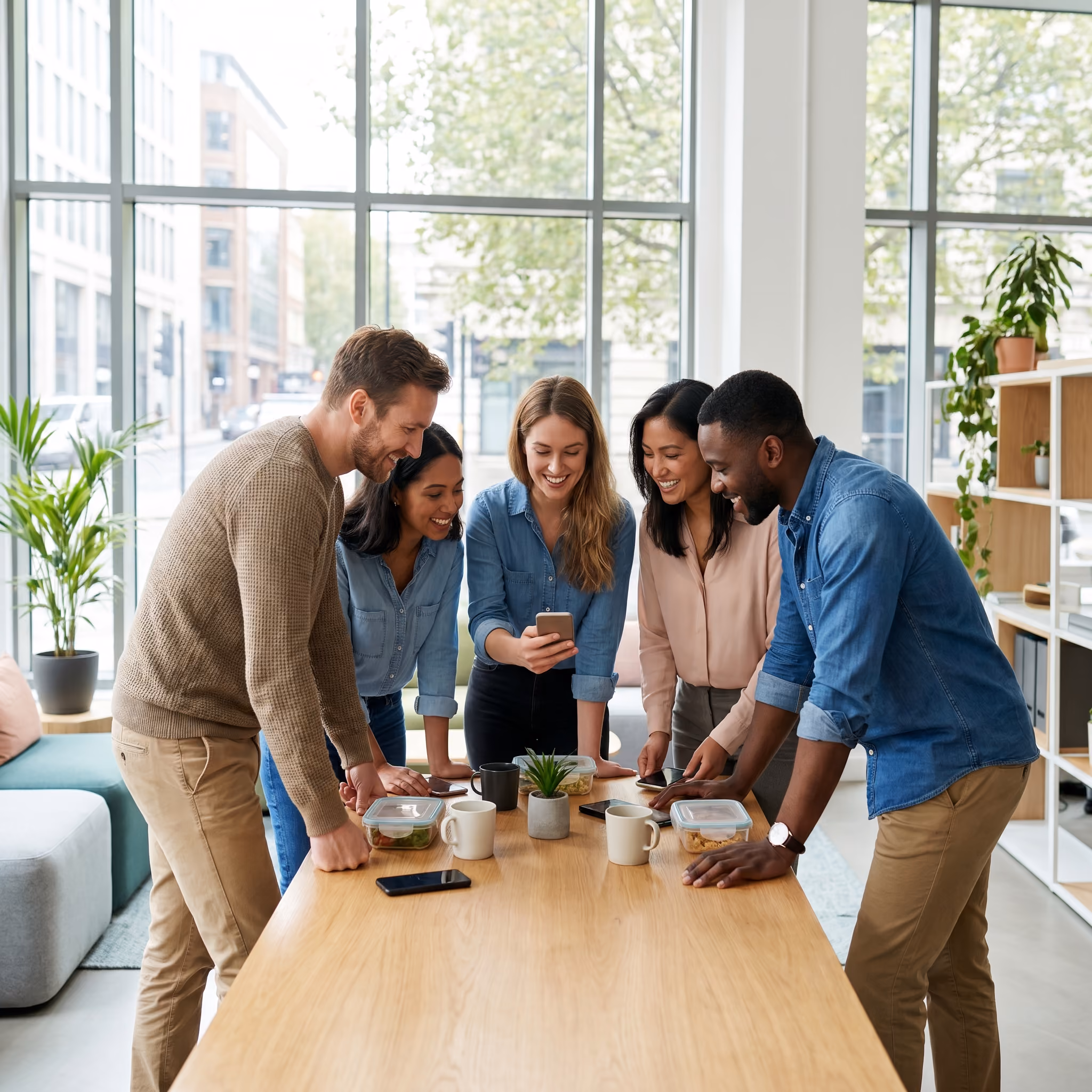 Collaborateurs dans un open space lumineux consultant l’app sur smartphone pendant la pause