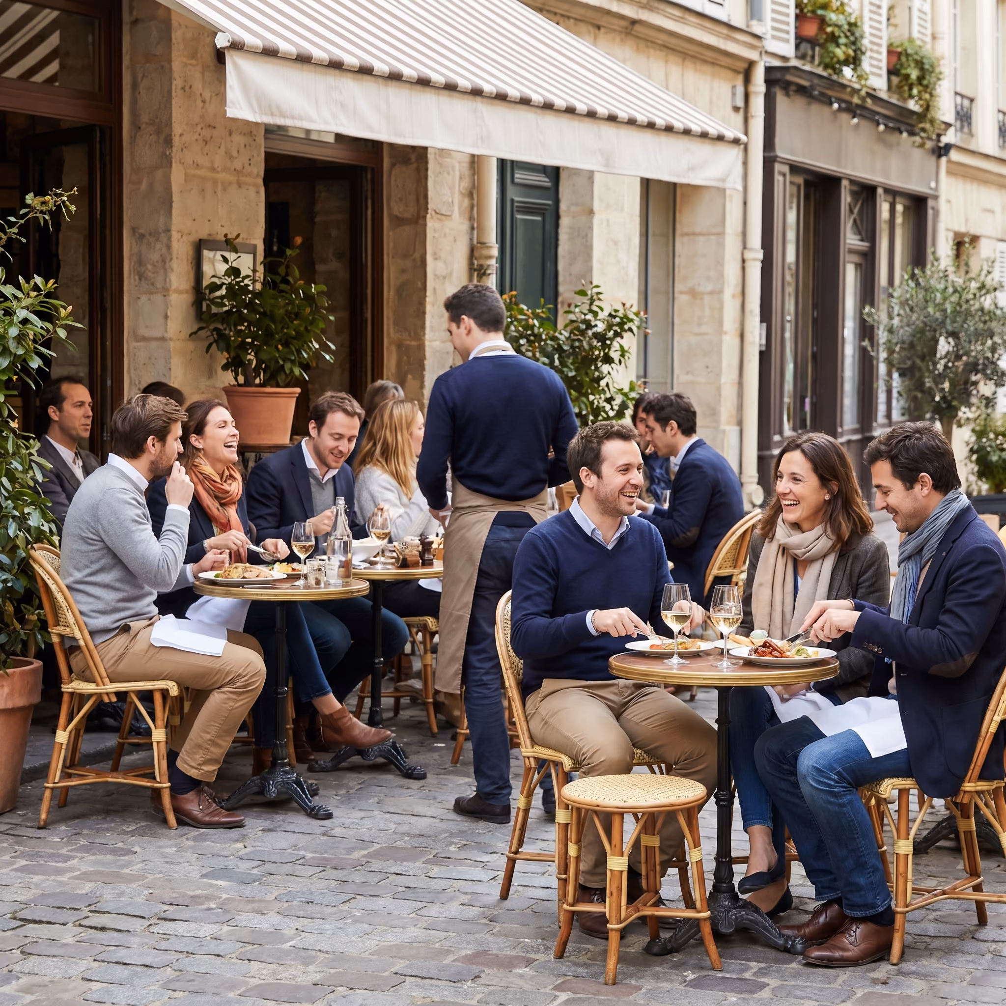 Terrasse de restaurant indépendant avec clients en pause déjeuner dans une rue française