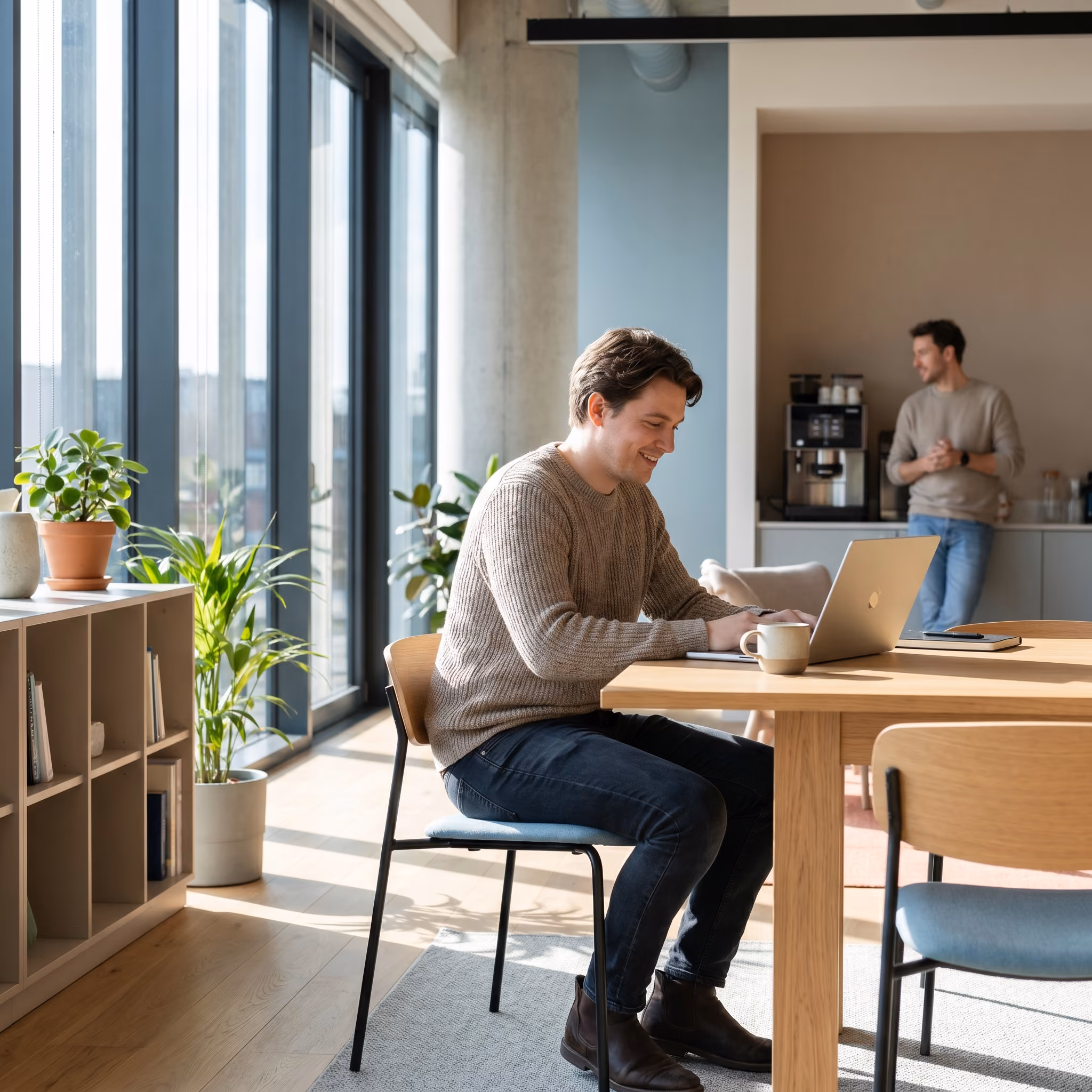 Parent travaillant sereinement sur ordinateur portable dans un bureau moderne et lumineux