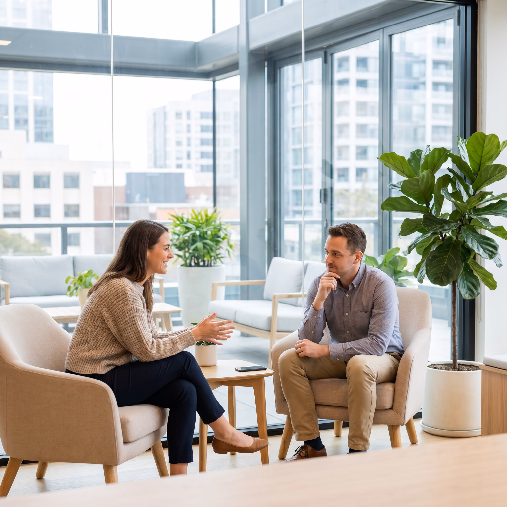 DRH en discussion bienveillante avec un collaborateur dans un bureau vitré moderne