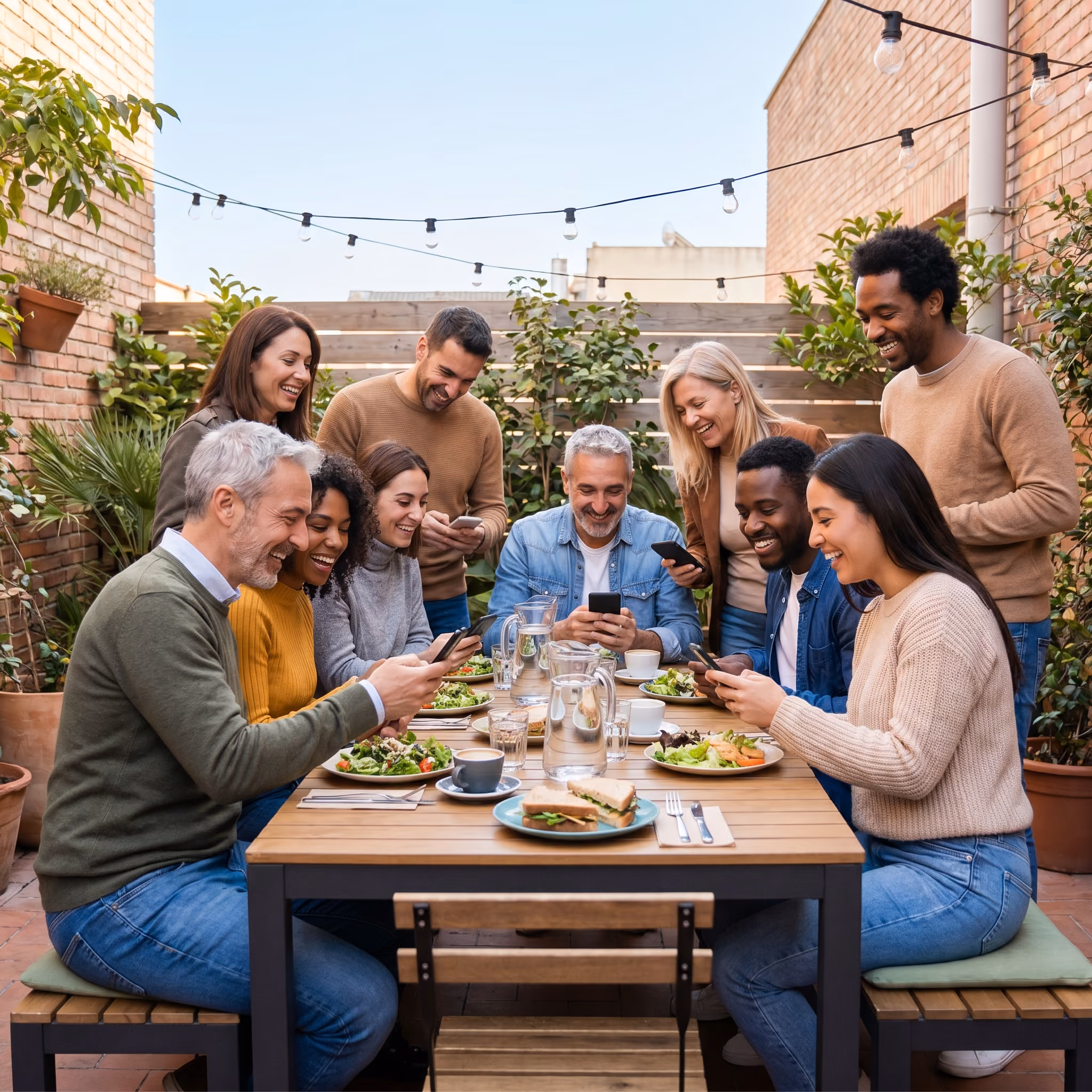 Équipe de collaborateurs souriants utilisant leur smartphone lors d'une pause déjeuner en terrasse
