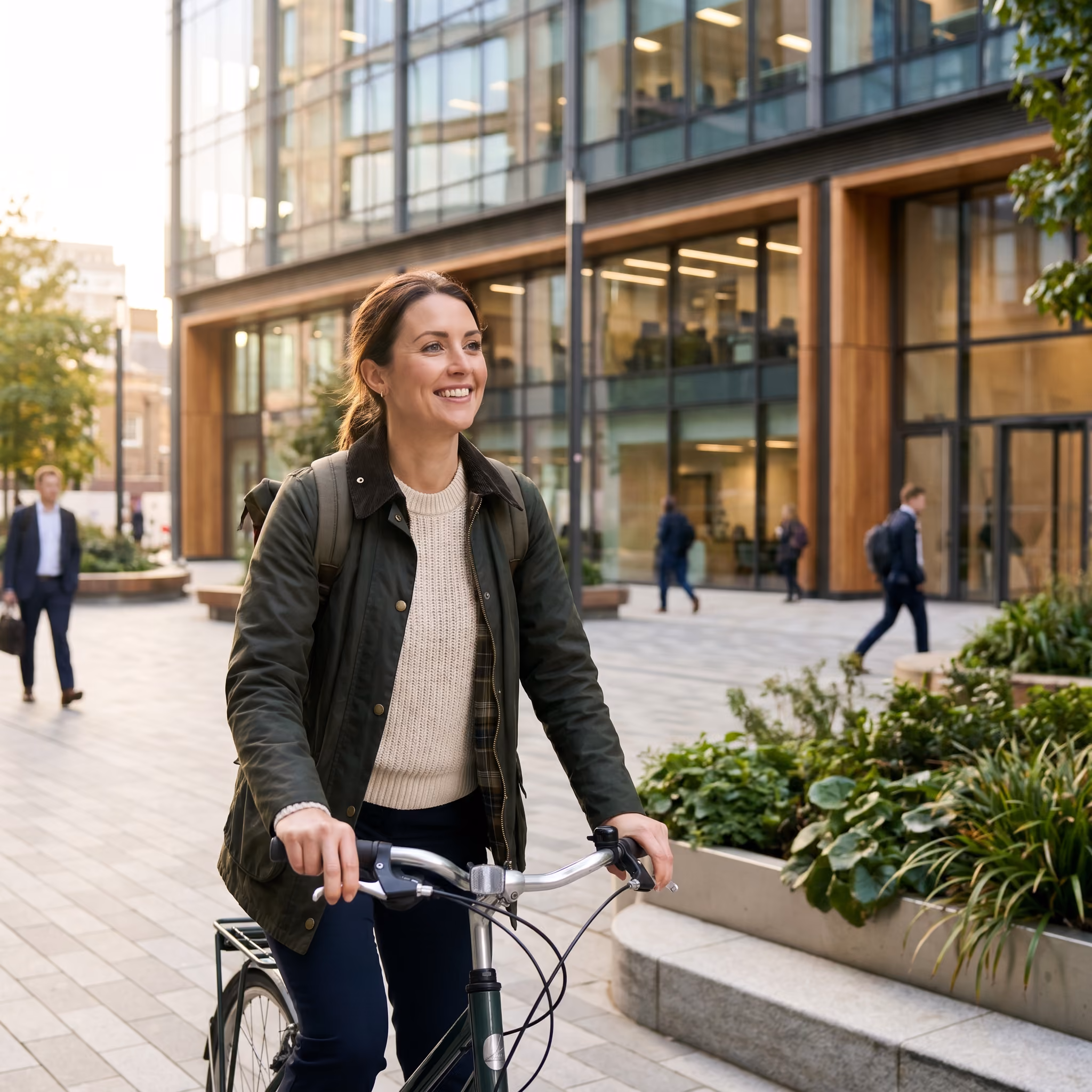 Collaboratrice souriante arrivant à vélo devant un immeuble de bureaux moderne