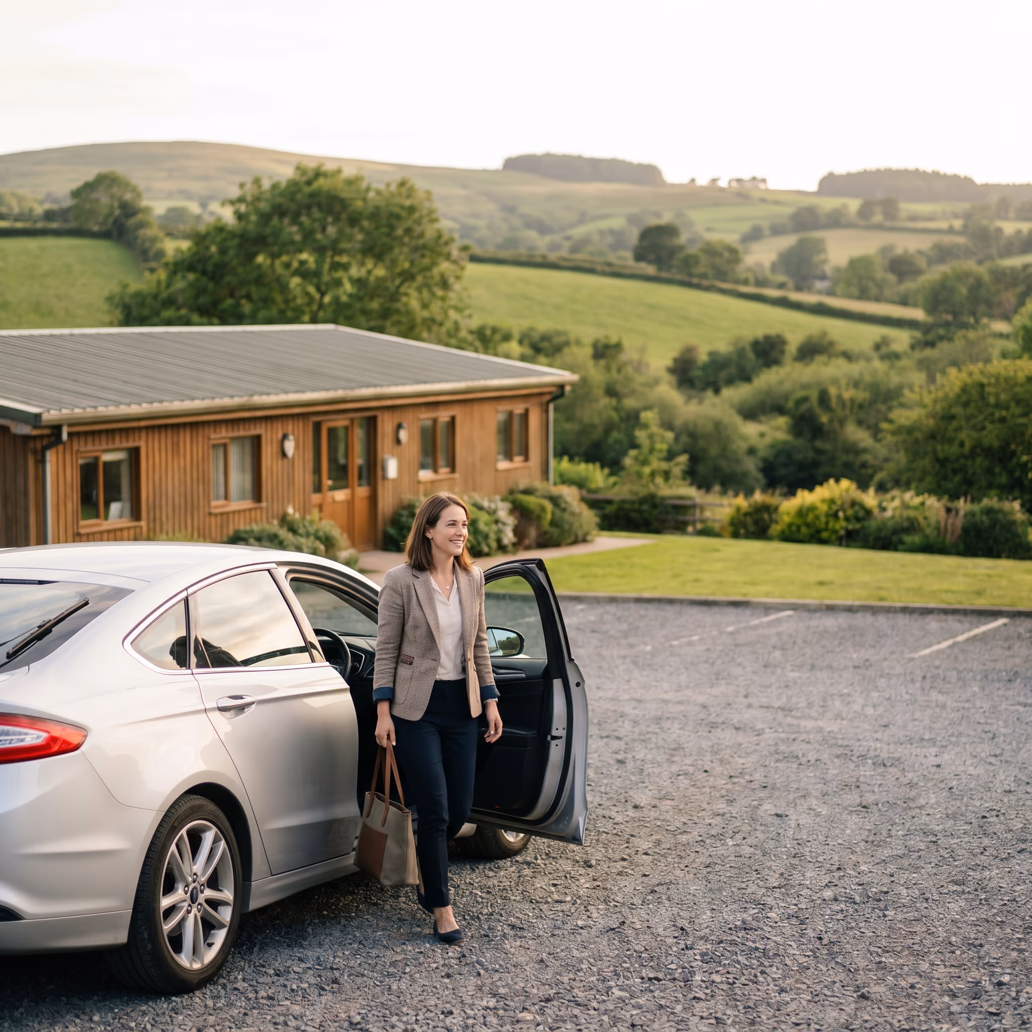 Salariée sortant de sa voiture sur un parking d'entreprise en milieu rural verdoyant