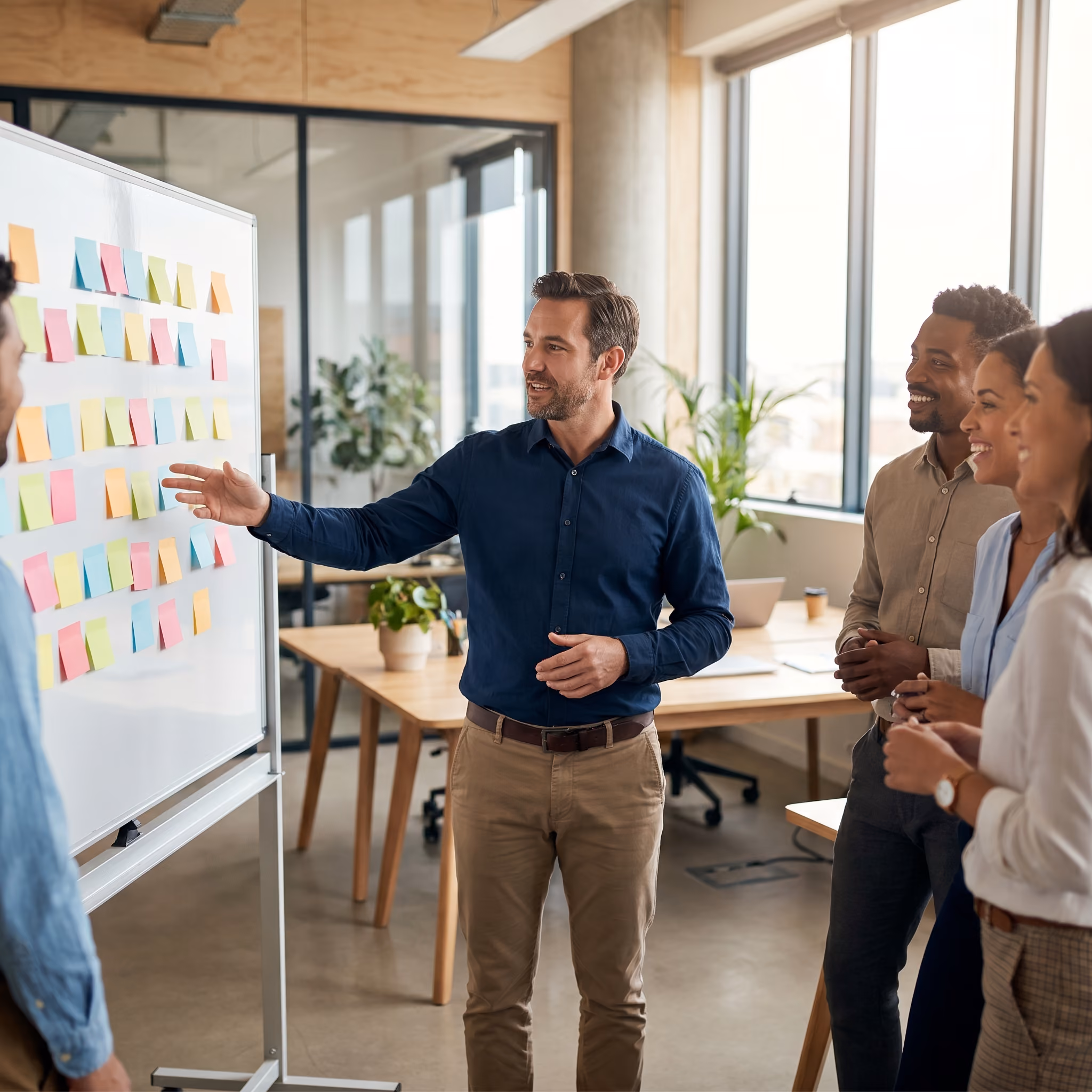 Manager devant tableau blanc avec post-it colorés lors d'un atelier collaboratif de résolution de problème