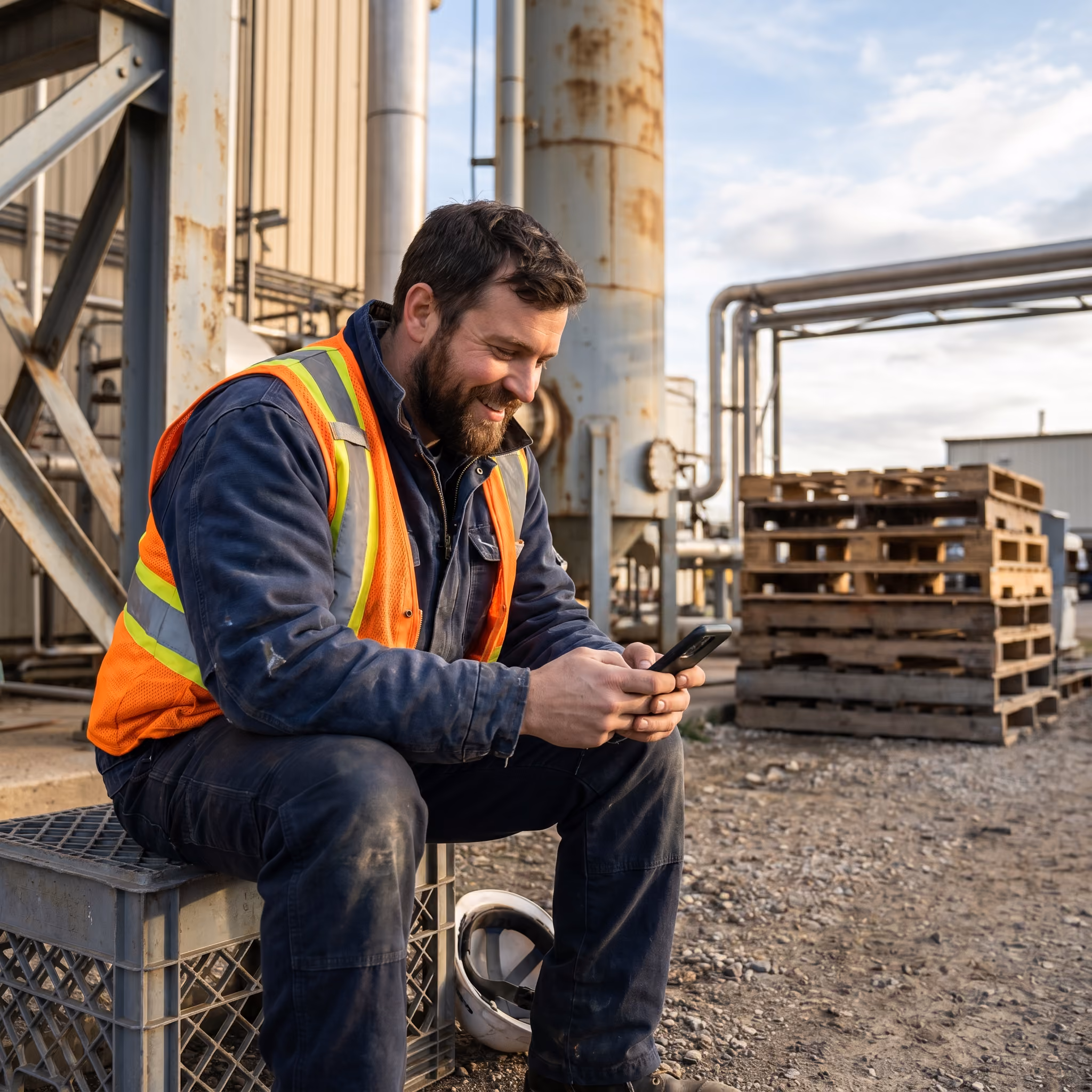 Technicien en tenue de travail consultant son smartphone sur un site industriel