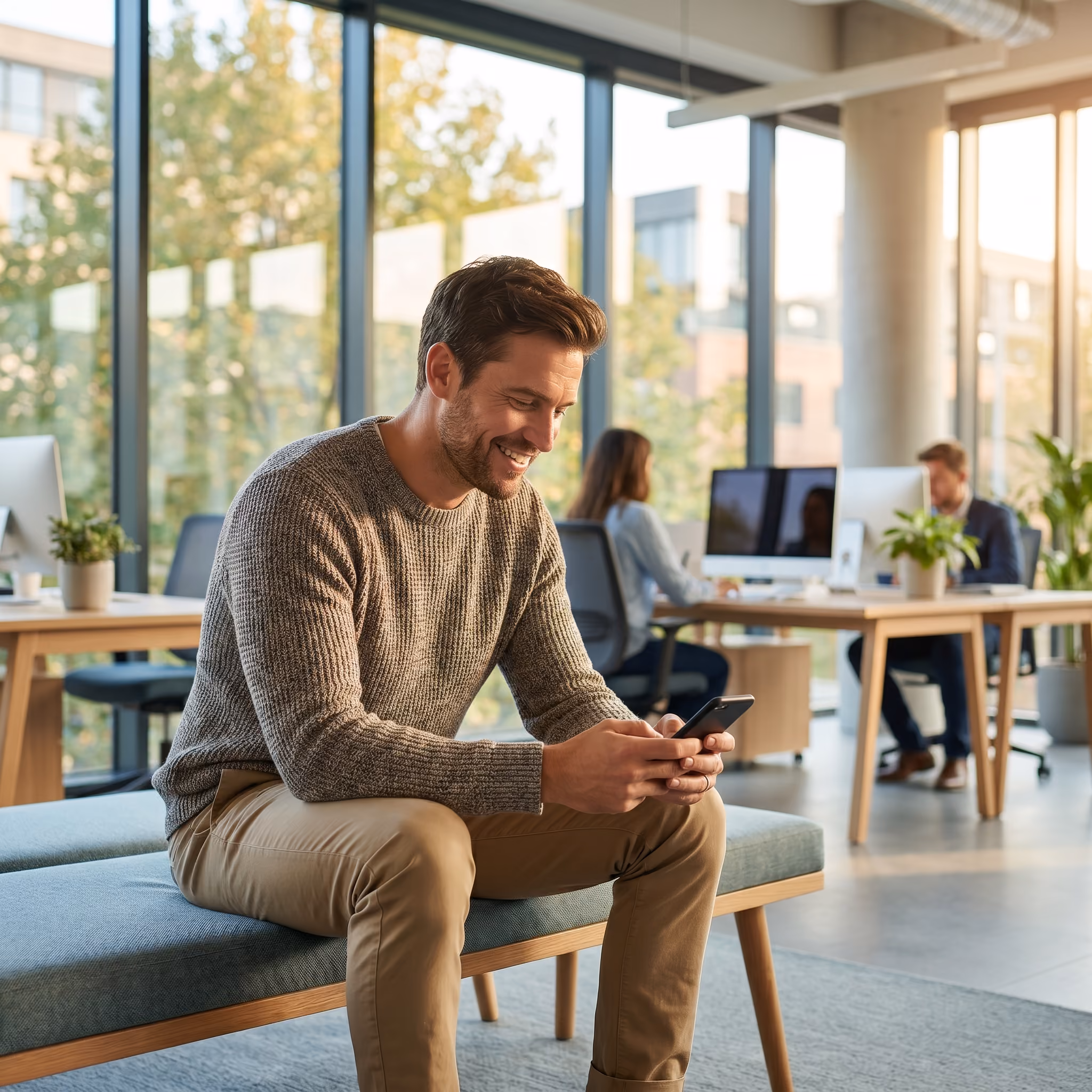 Collaborateur consultant son BSI digital sur smartphone dans un open space lumineux