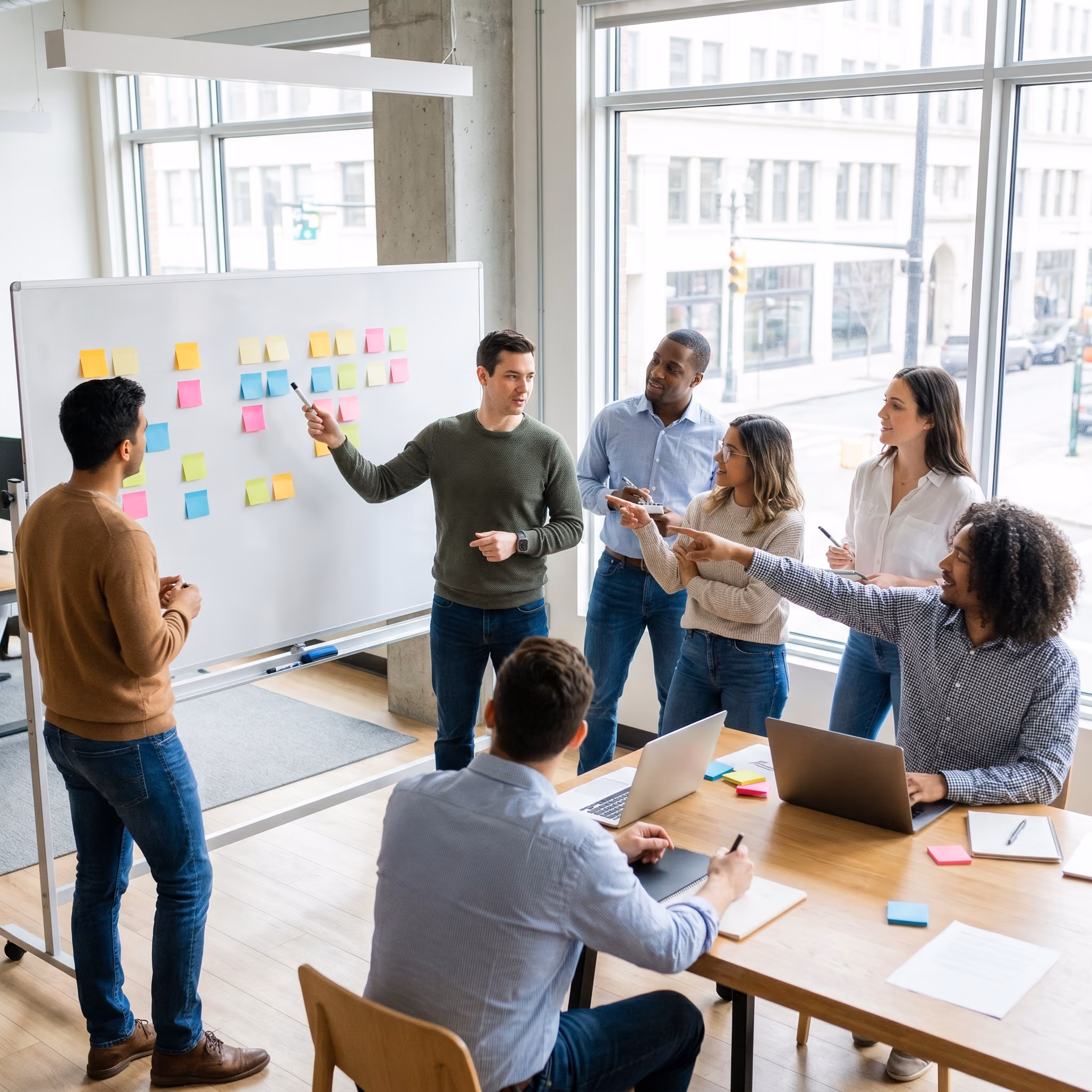 Réunion collaborative dans un bureau moderne avec post-its colorés sur tableau blanc