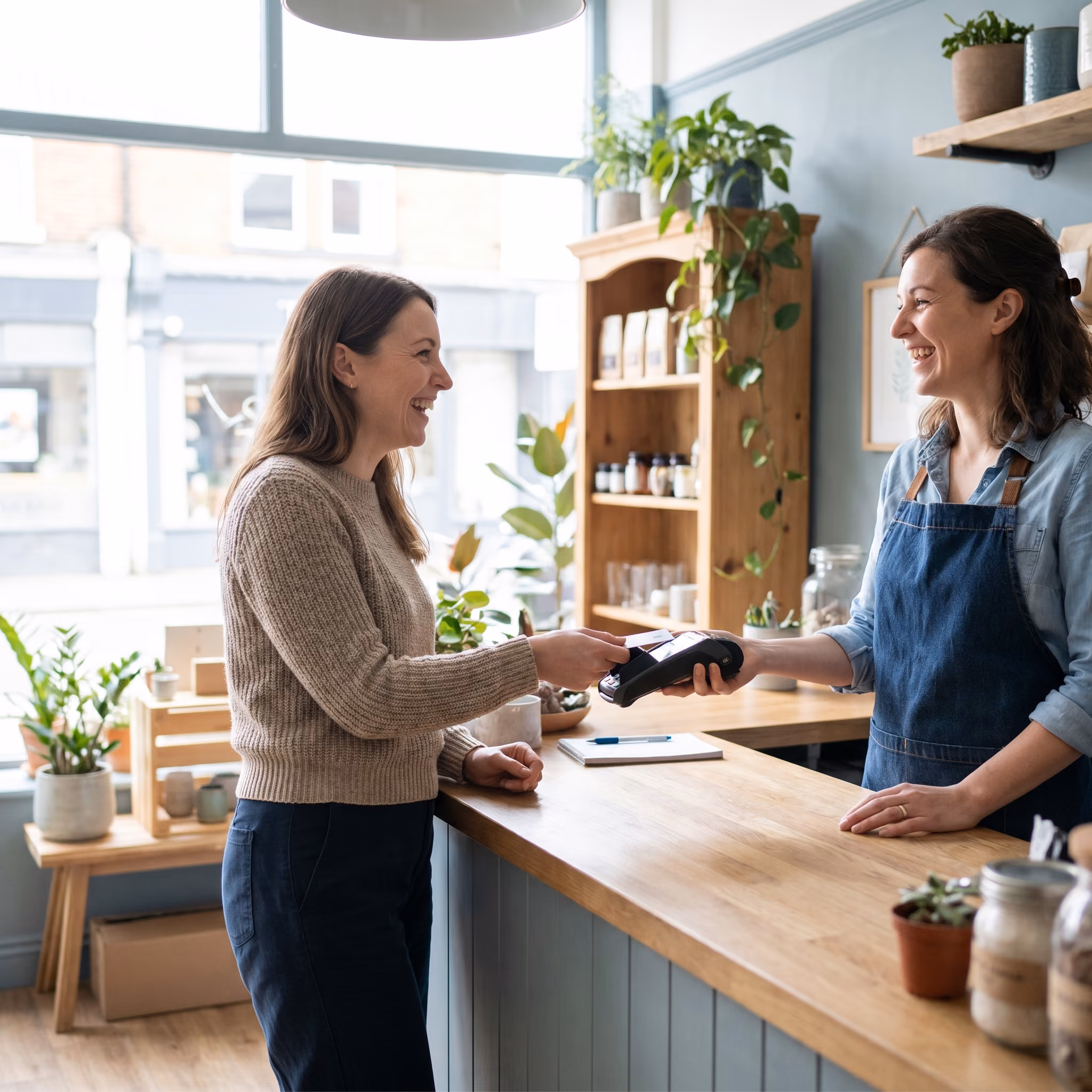 Salarié souriant effectuant un paiement par carte dans un commerce de proximité
