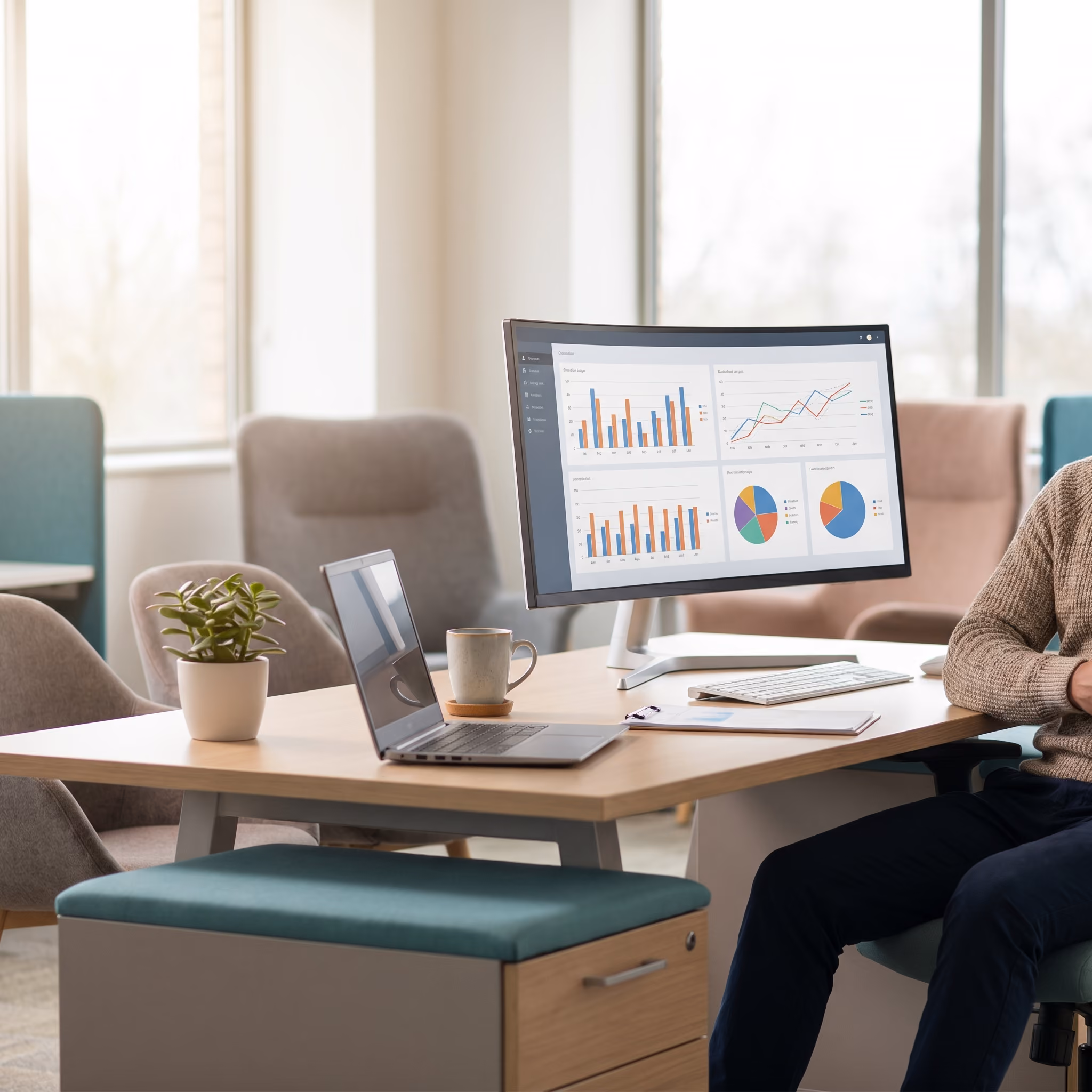 Bureau RH moderne avec écran affichant un tableau de bord analytique des avantages salariés