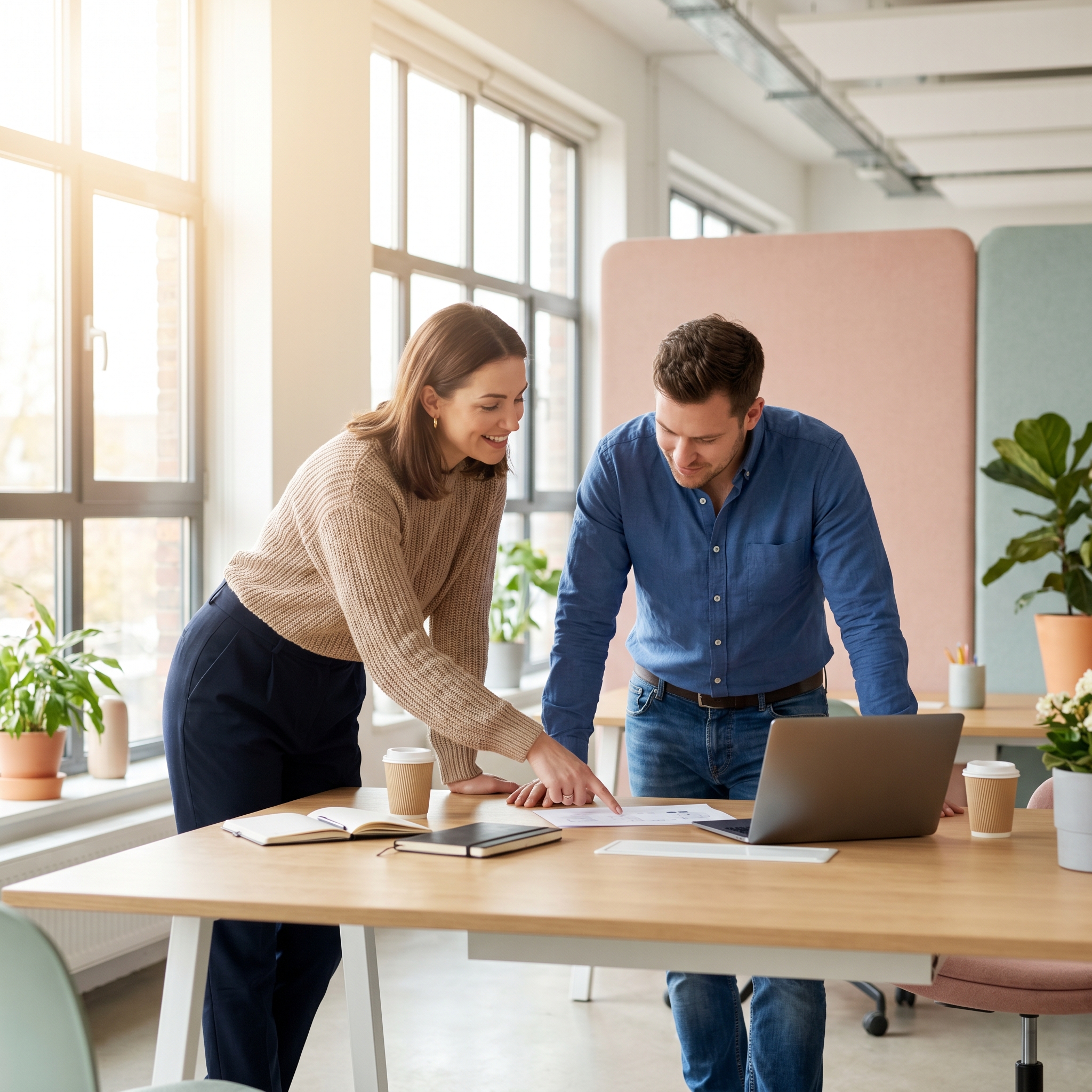 Manager expliquant un document de rémunération à un collaborateur dans un bureau lumineux