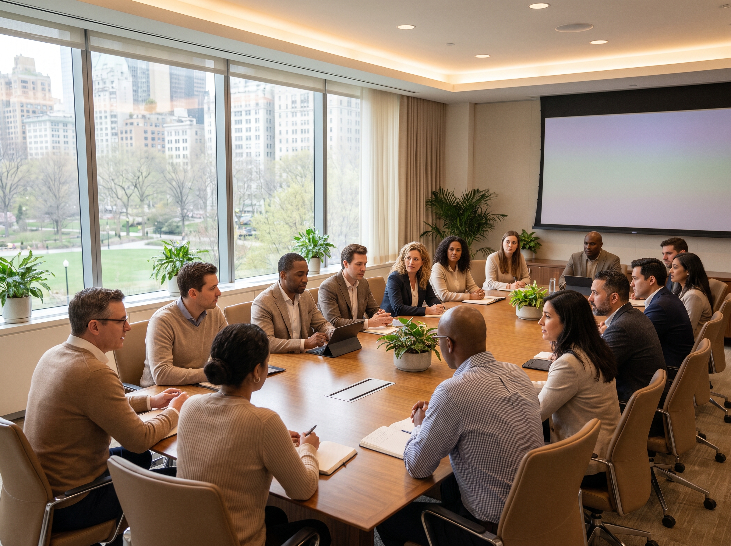 Table de négociation professionnelle avec direction et représentants dans une salle moderne
