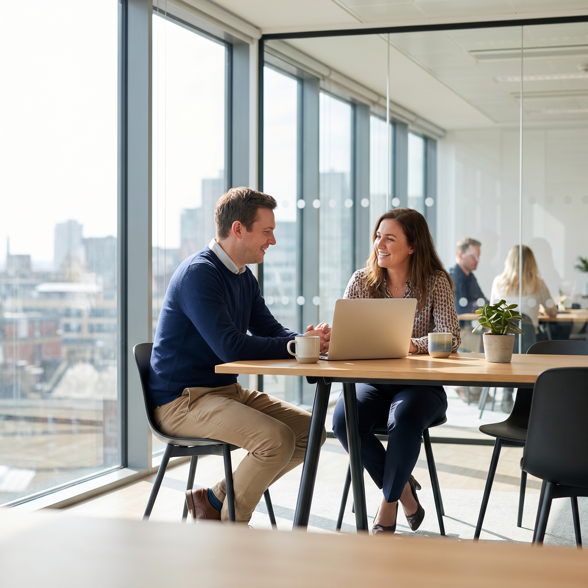 Manager en conversation individuelle avec un collaborateur dans un bureau vitré lumineux