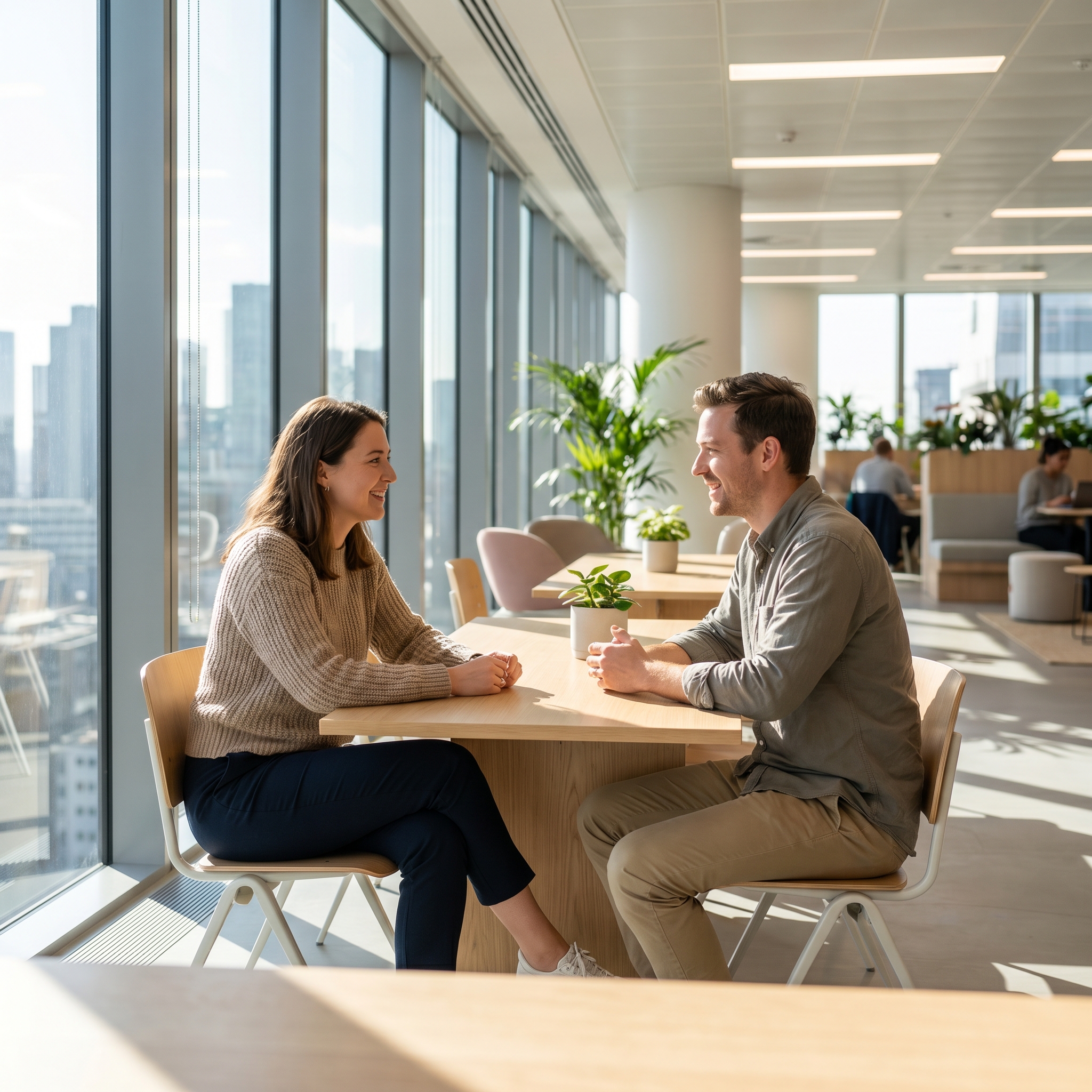 Recruteur et candidat en entretien d’embauche dans un bureau vitré moderne avec lumière naturelle