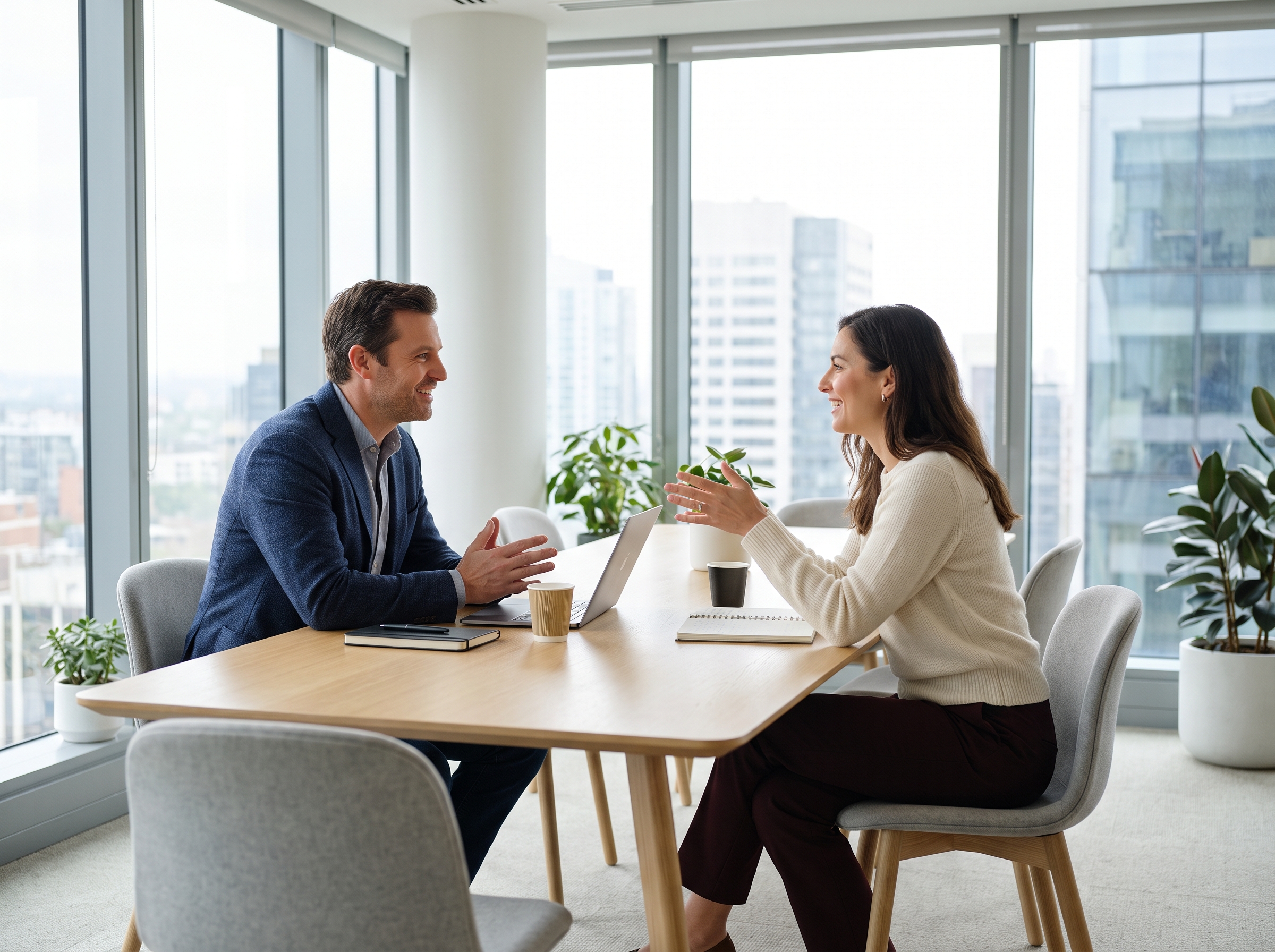 Homme et femme en discussion professionnelle autour d’une table de réunion moderne