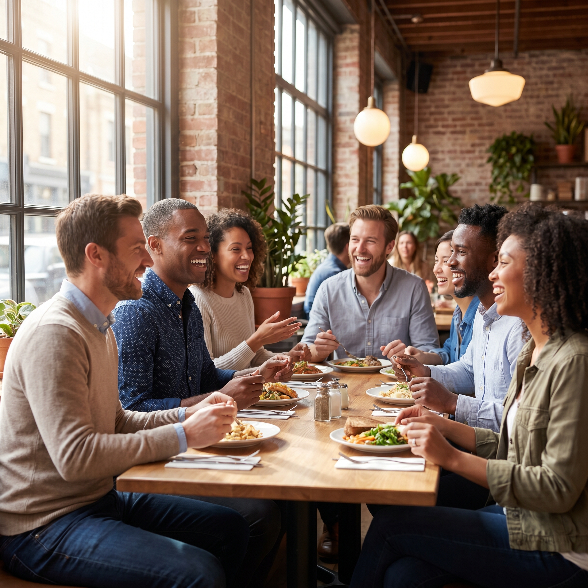Collègues déjeunant ensemble dans un restaurant de quartier, ambiance conviviale