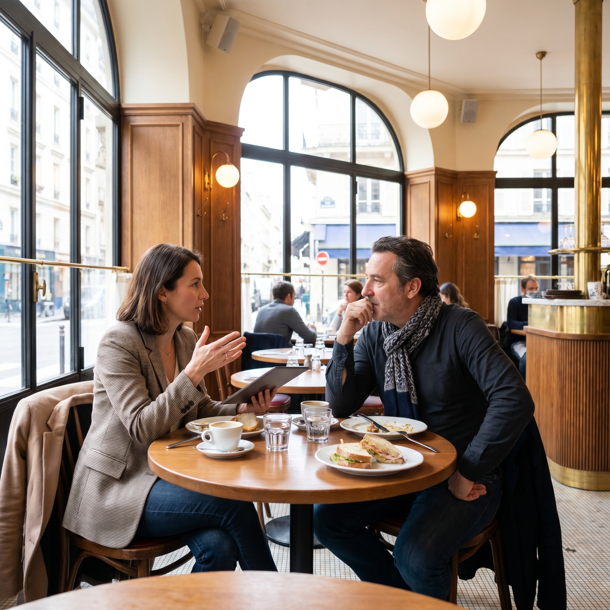 DRH en discussion avec un restaurateur dans une brasserie parisienne moderne