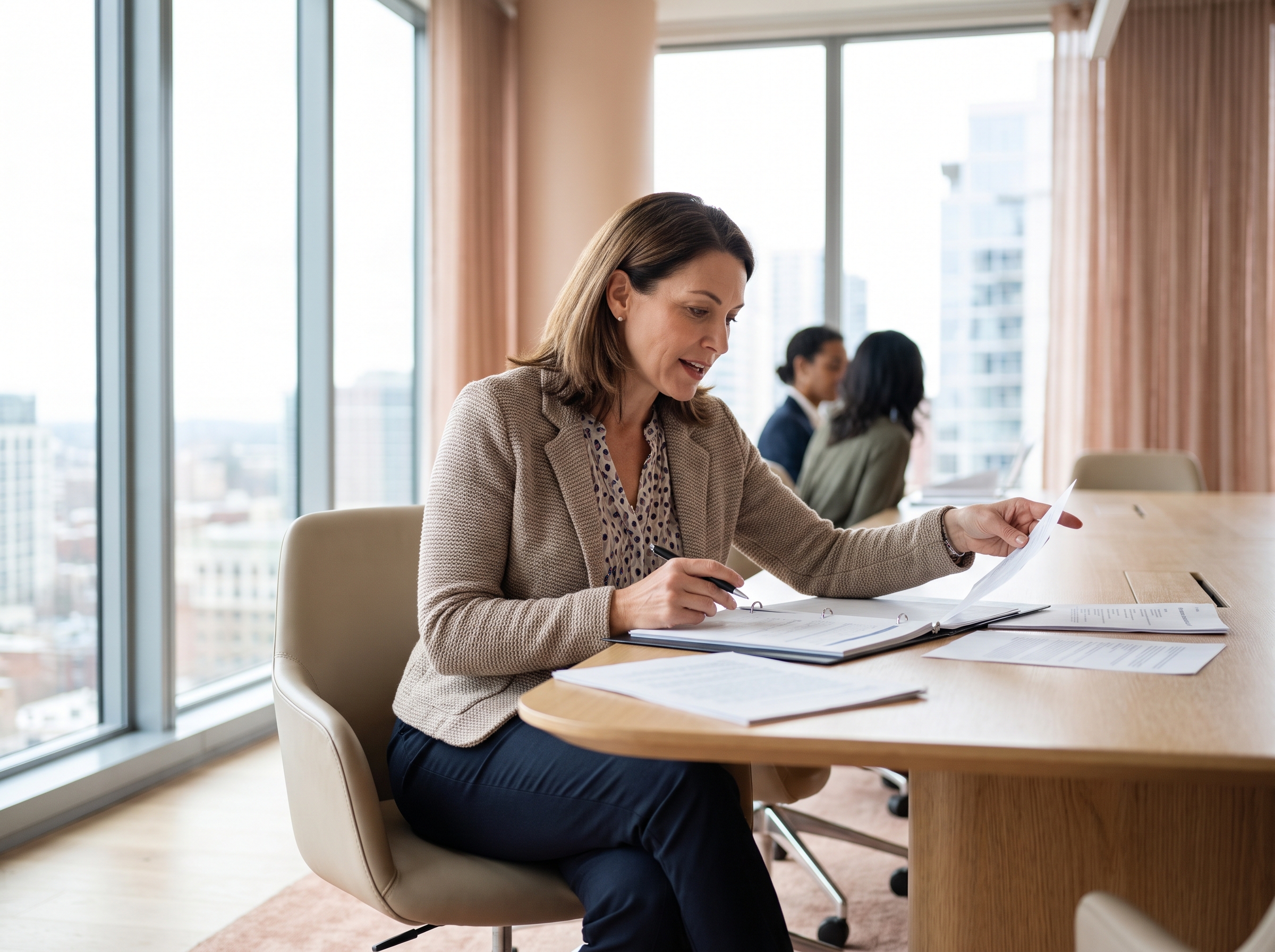 Directrice RH consultant des documents dans un bureau moderne, réunion stratégique