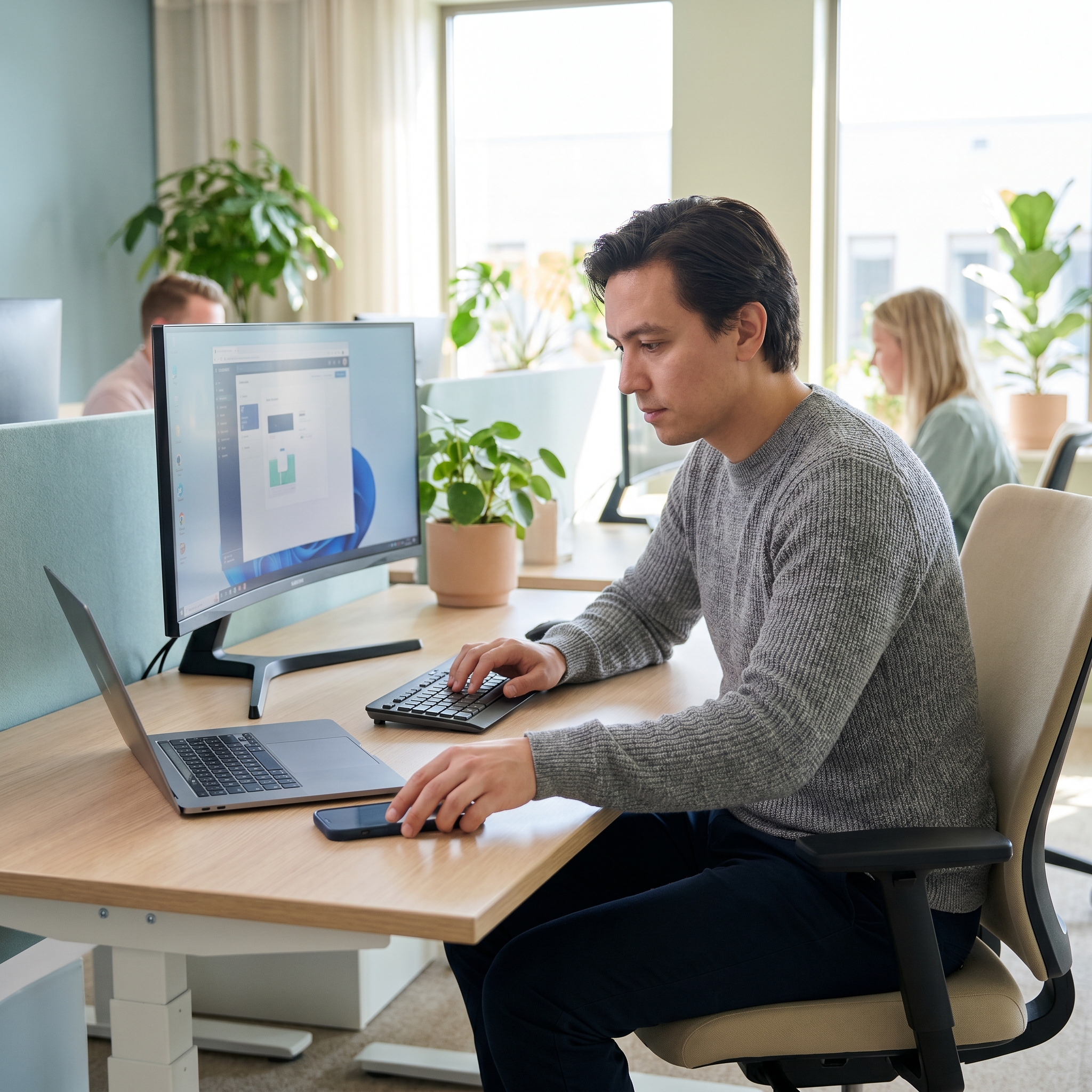 Salarié posant son téléphone sur son bureau pour se concentrer sur son ordinateur en open space