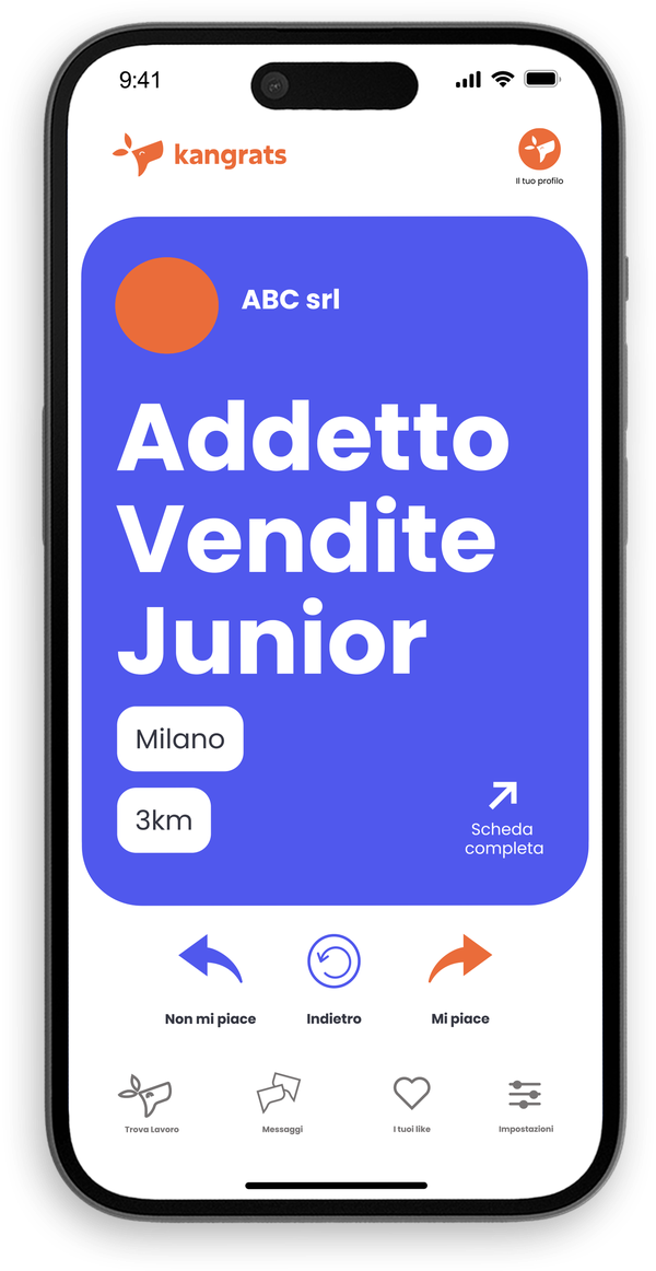 Schermata dell'app Kangrats: candidatura con uno swipe