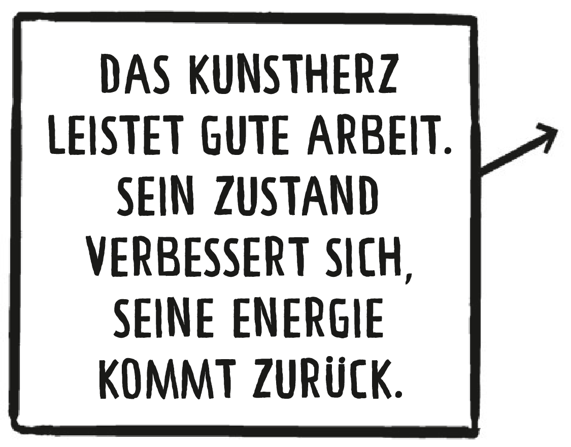 Textkasten: Das Kunstherz leistet gute Arbeit. Sein Zustand verbessert sich, seine Energie kommt zurück.