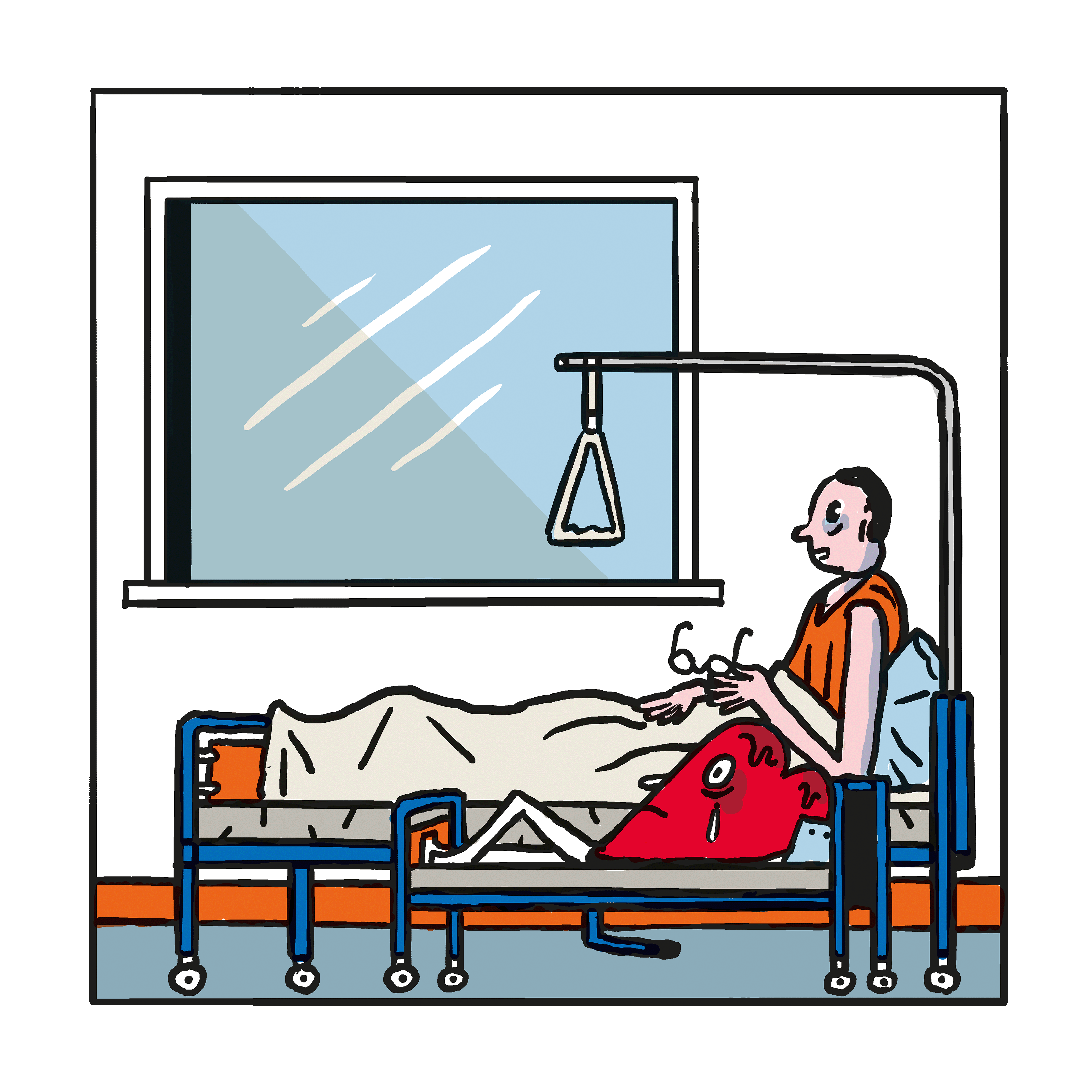 Seitlicher Blick auf Hubert im Krankenhausbett, daneben die Herzfigur in eigenem, kleinen Bett. Beide haben unterlaufene Augen und wirken erschöpft und verängstigt. 