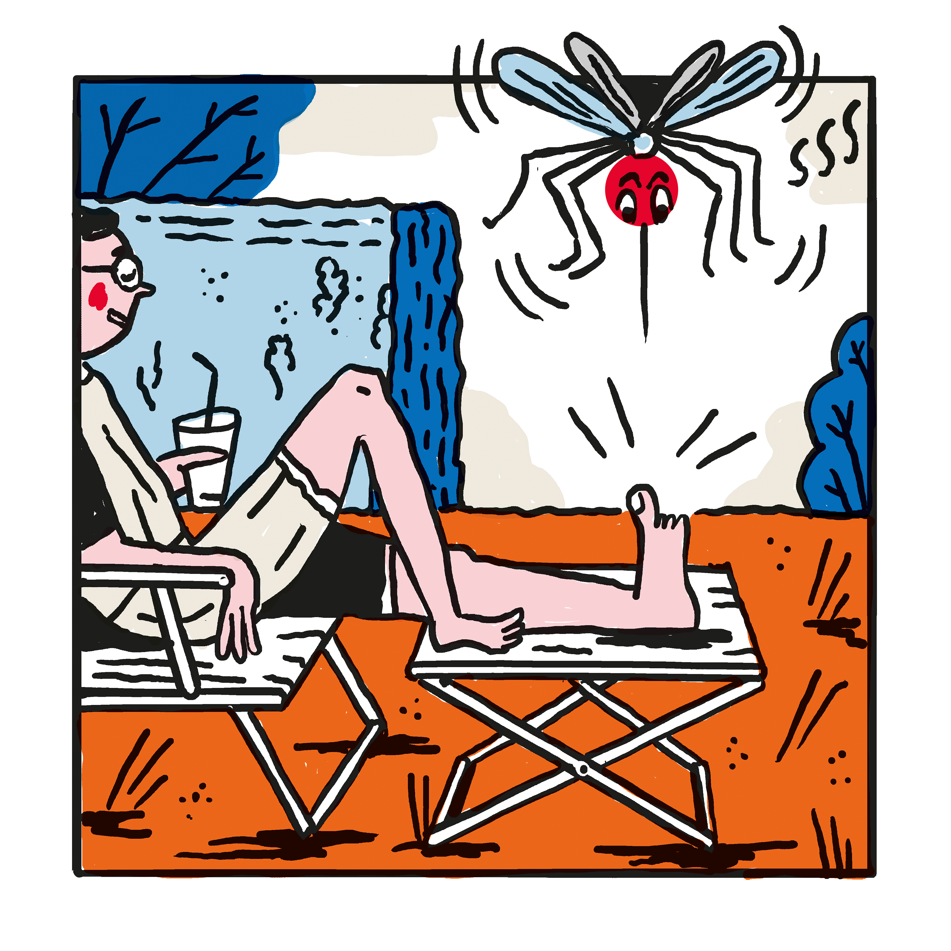 Hubert sitzt lächelnd und nichtsahnend mit einem Getränk in der Hand in einem Liegestuhl im Garten, sein linkes Bein gestreckt und sein dicker Zeh hervorgehoben. Die Mücke schaut senkrecht runter und setzt zur Landung an. Wir blicken von der Seite auf die Szene. 