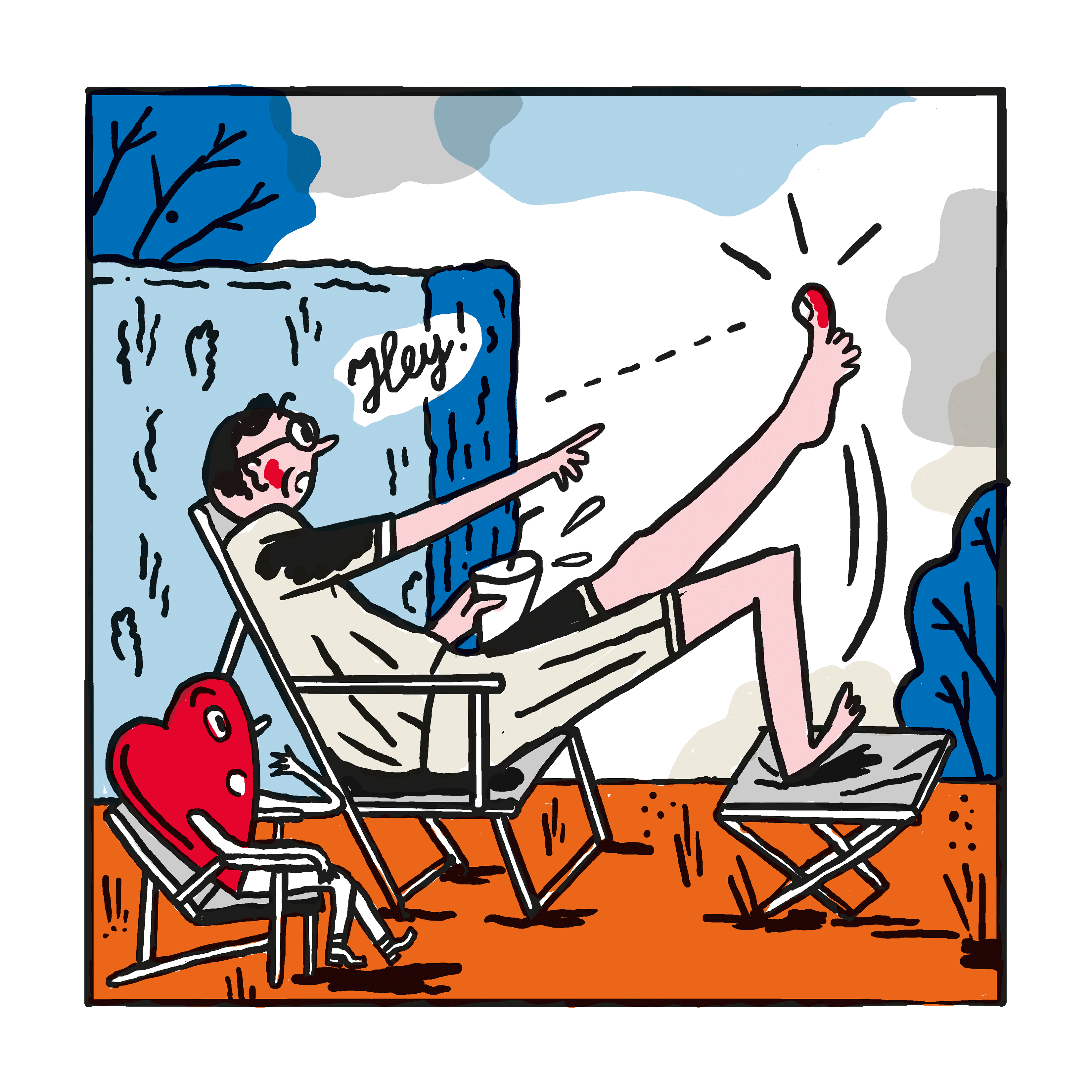 Dieselbe Szene, nur ein größerer Ausschnitt: Neben Hubert, der auf den Mückenstich am dicken Zeh zeigt, sitzt eine kleine Herzfigur, die leicht erschrocken schaut. Das Herz ist etwa so groß wie Huberts Kopf und wirkt sympathisch. Es wird Hubert von nun an begleiten.