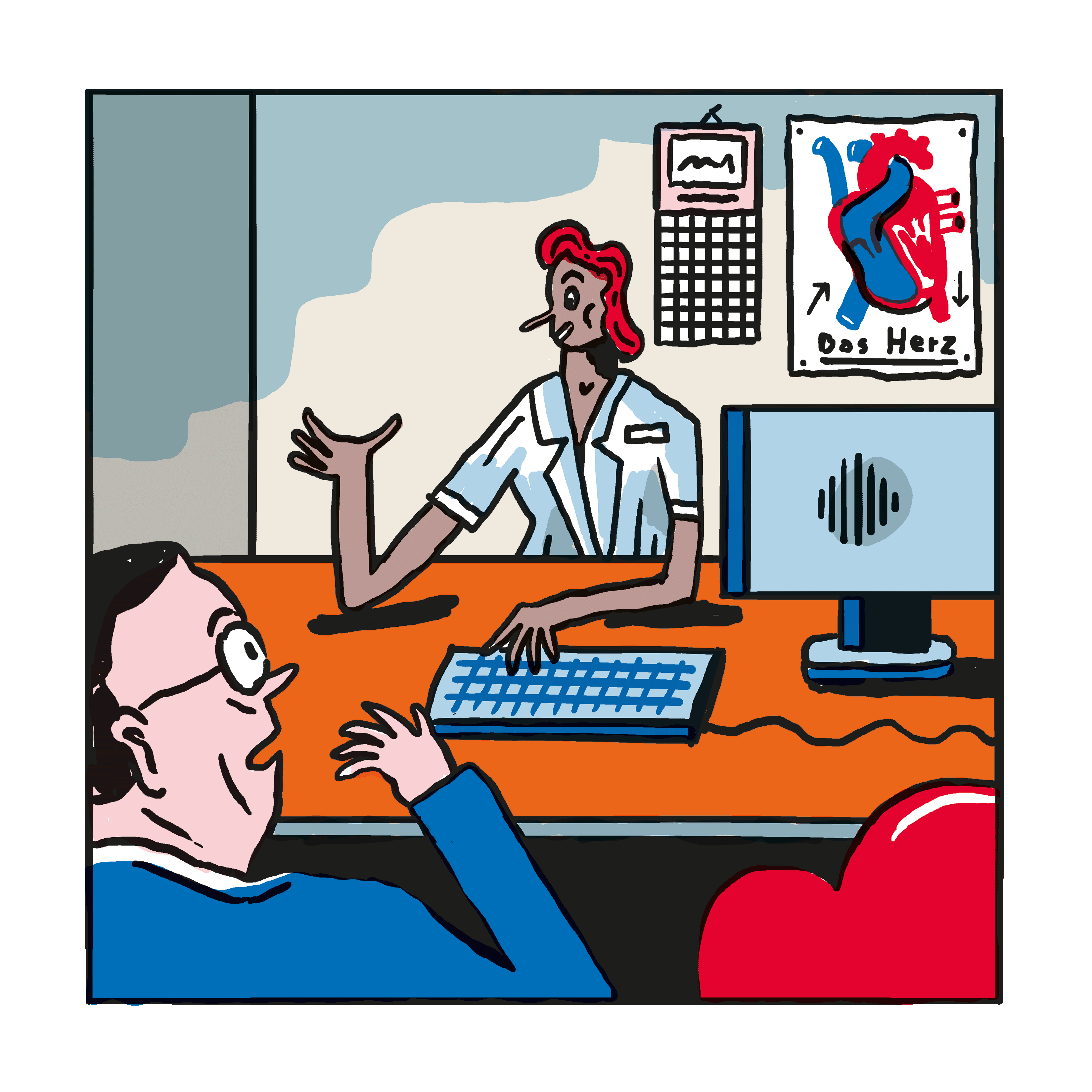 Blick über Huberts Schulter auf eine Ärztin an ihrem Schreibtisch im Behandlungszimmer. Sie schaut freundlich und hat eine Hand erklärend gehoben. Im Hintergrund ein Kalender und ein stilisiertes Plakat mit Herzfunktionen. Huberts Herzfigur sitzt neben ihm angeschnitten im Vordergrund.