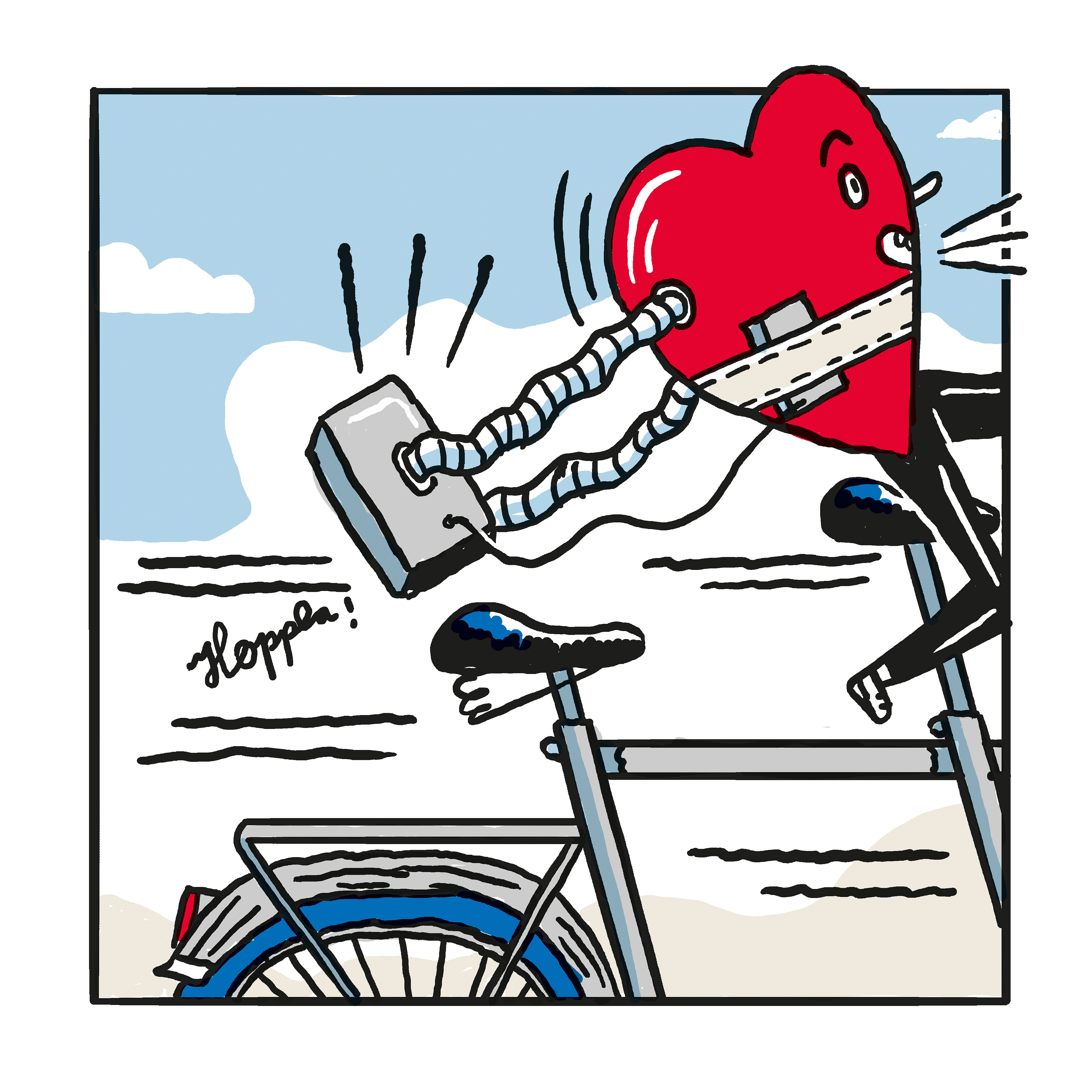 Gleiche Szene, Close-Up auf Herz und Assistenzsystem: Das Herz erschrickt, neben dem Assistenzsystem erscheint "Hoppla", irgendetwas scheint nicht zu funktionieren.