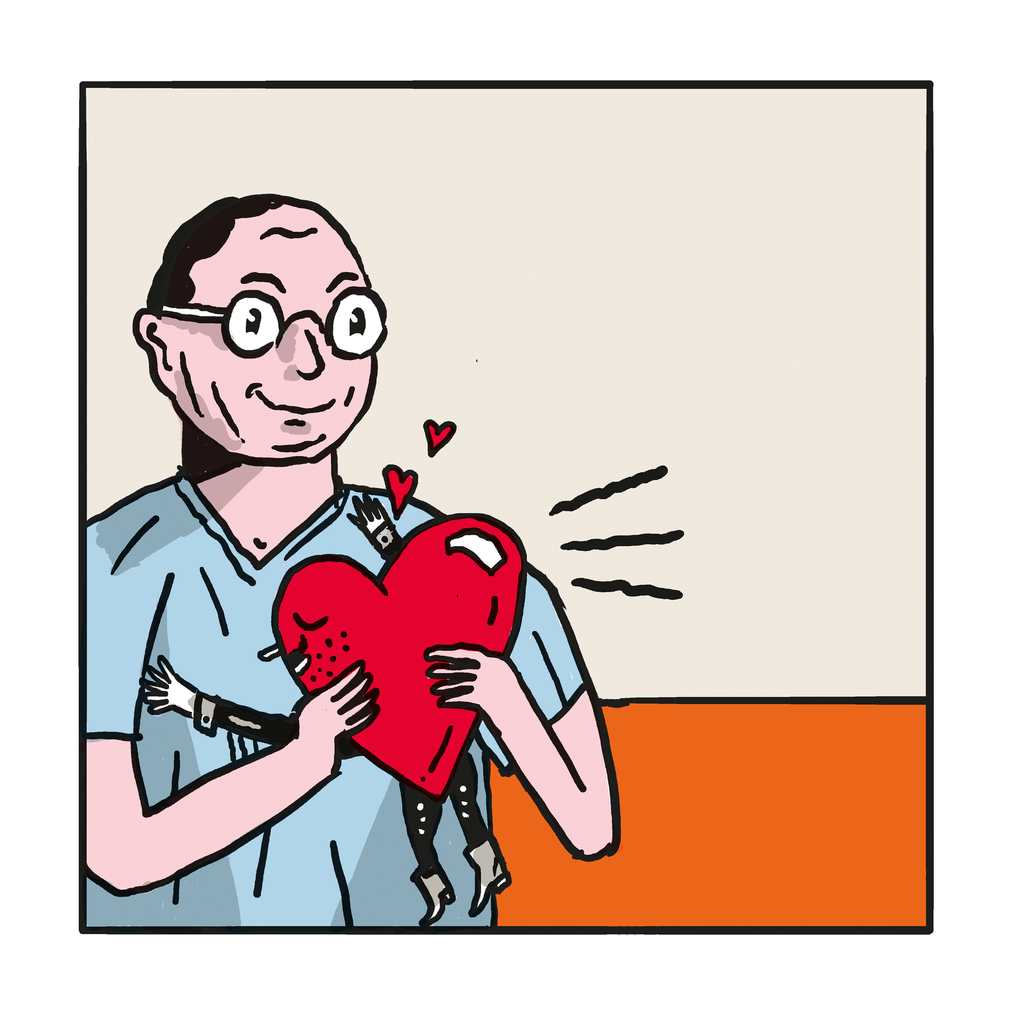 Hubert lächelt in die Kamera, er wird von einer neuen, selig lächelnden Herzfigur umarmt, diese trägt Schnurr- und Stoppelbart und Motorradkleidung.